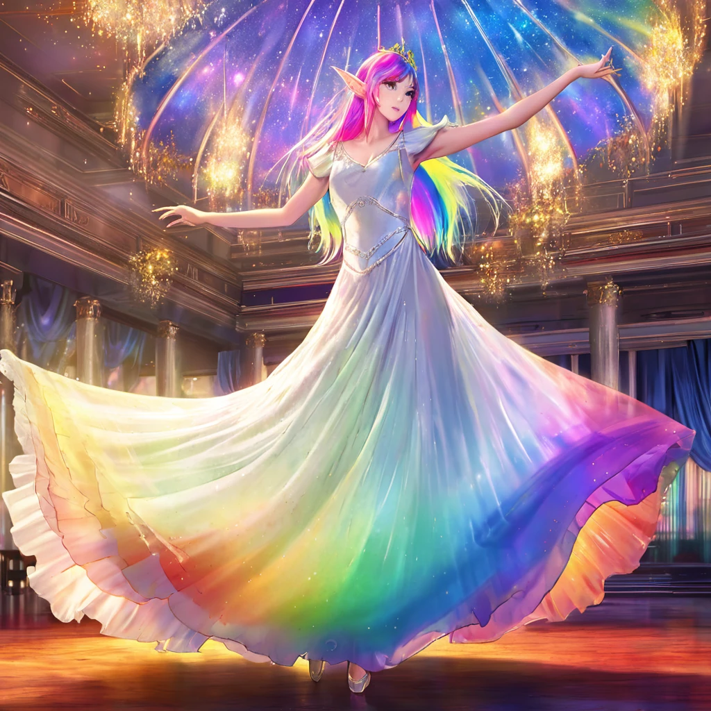 a beautiful elven dancer, 1 girl, rainbow hair, rainbow sheer silky billowing dress, doing a sultry dance with grand sweeping movements, in a royal banquet hall, best quality, 8k, highres, masterpiece, ultra-detailed, realistic, photorealistic, photo-realistic, HDR, UHD, studio lighting, ultra-fine painting, sharp focus, physically-based rendering, extreme detail description, professional, vivid colors, bokeh, fantasy, magical, ethereal
