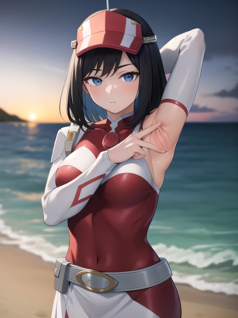 kodaiyui, visor cap, red and white bodysuit, long sleeves, belt, white skirt, closed mouth, solo, upper body, night sky, beach, arms behind head, contrapposto, spread armpits, looking at viewer, best quality, expressionless