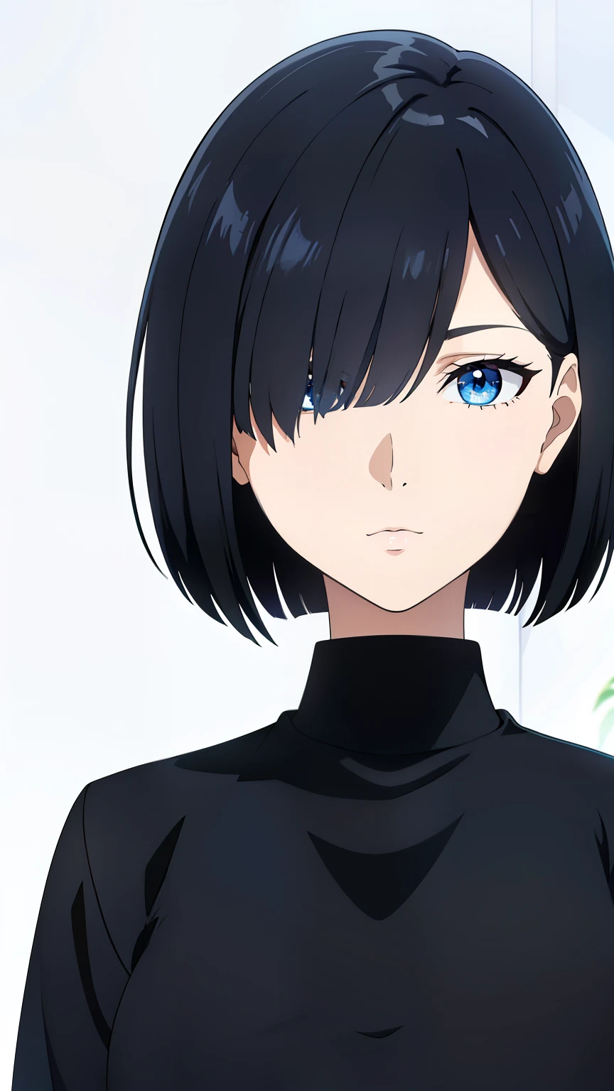 (best quality:1.5, highres, UHD, 4K, detailed lighting, shaders), black hair, bob cut, hair covering one eye, cool woman, cool girl, Slender Eyes,, blue eyes, beautiful, simple background, casual clothes