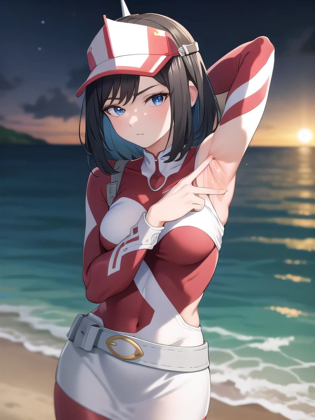 kodaiyui, visor cap, red and white bodysuit, long sleeves, belt, white skirt, closed mouth, solo, upper body, night sky, beach, arms behind head, contrapposto, spread armpits, looking at viewer, best quality, expressionless