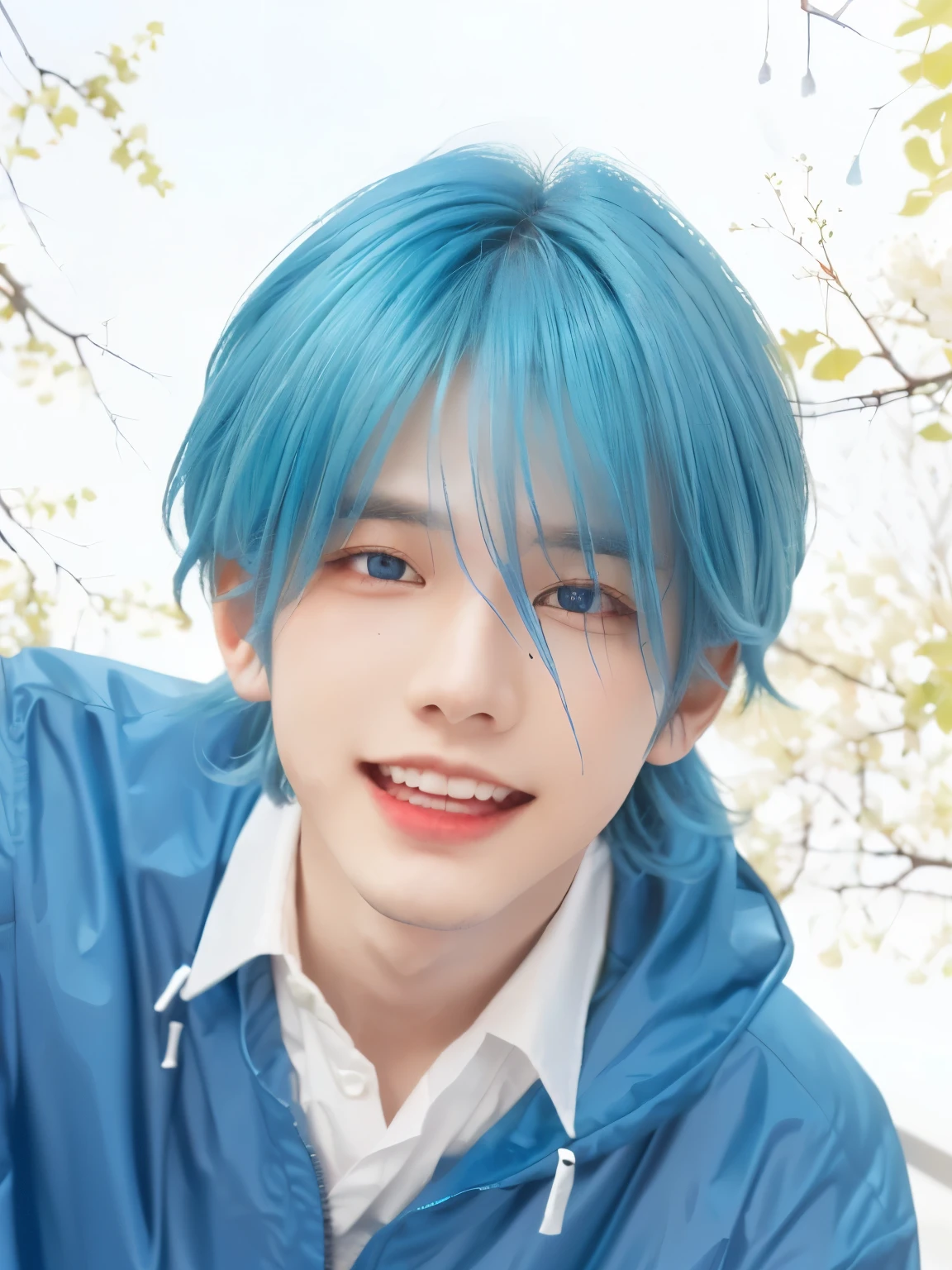 ((ULTRA DETAIL)), ((REALISTIC))a close up of a person with blue hair and a blue jacket, koyoharu gotouge, tall anime guy with blue eyes, giga chad crying, anime moe artstyle, inspired by Kun Can, gapmoe yandere, ken kaneki, kaworu nagisa, joyful smirk, umamusume, sakimi chan