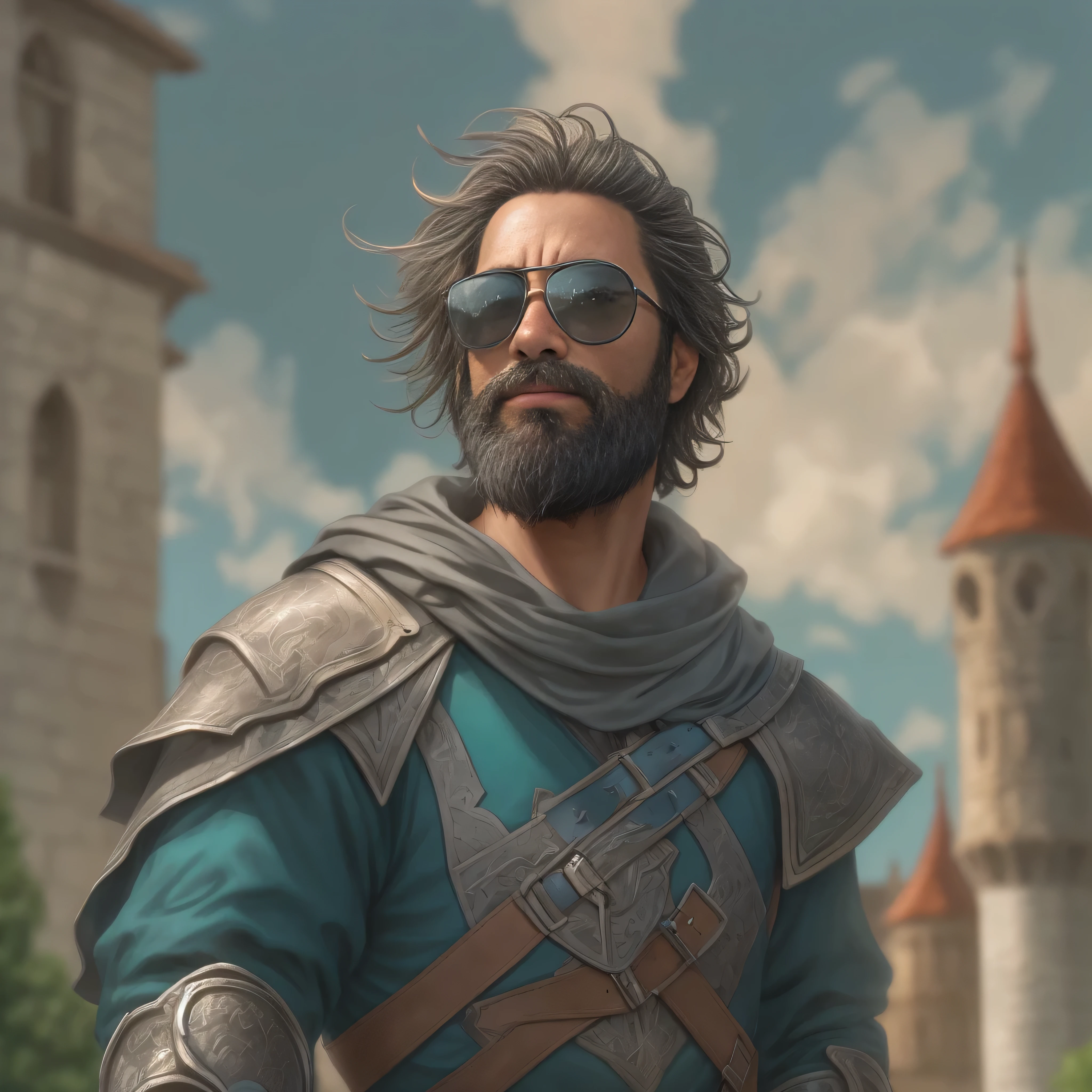 {
"prompt": "Create an ultra-detailed, high-quality digital art image of a very masculine 38-year-old man with a beard and dark sunglasses. The image shows the upper body in a medium shot. He is in a medieval fantasy setting, standing in front of a grand castle with tall spires and flags fluttering in the wind. The man is wearing a knight's armor with a blue and silver tabard, and a large sword strapped to his back. His expression is proud and resolute. The environment includes lush green hills, a clear blue sky, and villagers going about their daily activities, creating a majestic and heroic atmosphere.",
"size": "1024x1024"
}