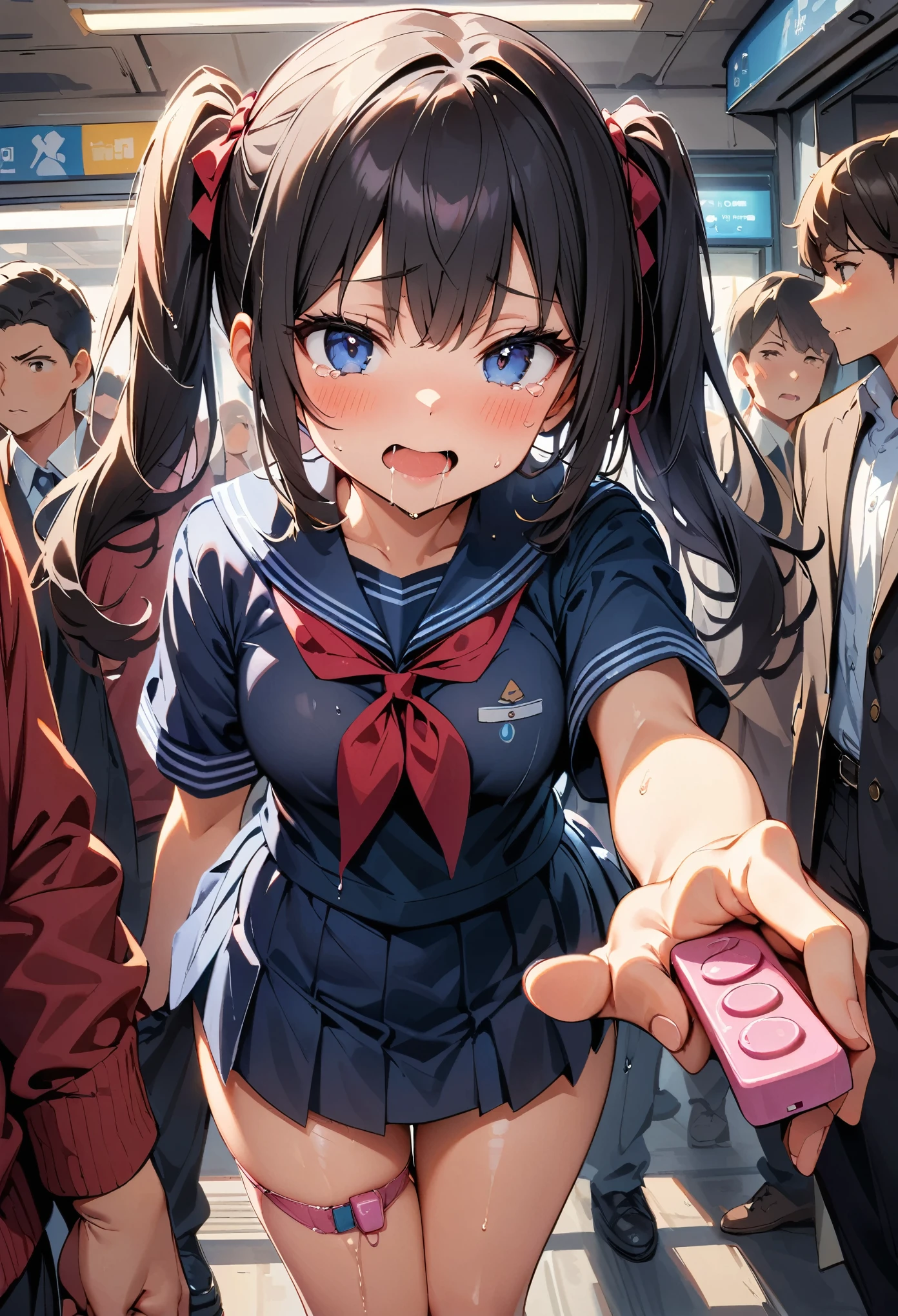(throw_hand, pink vibrator remote switch in throw_hand, throw:1.2), highest quality, Super detailed, masterpiece, Ultra-high resolution, 8k, Ridiculous, Cowboy Shooting, Blurred, One girl, Focus on the girl, Embarrassing, blush, Lovely, close your eyes, With tears in her eyes and her mouth open, What saliva leaves behind, Wet skirt hem, Sticky panties, Bulging of the vibrator cord, Vibrator with Garters, Twin tails, blue eyes, Black Hair, Sailor suit, Subway interior background, In a crowded crowd,