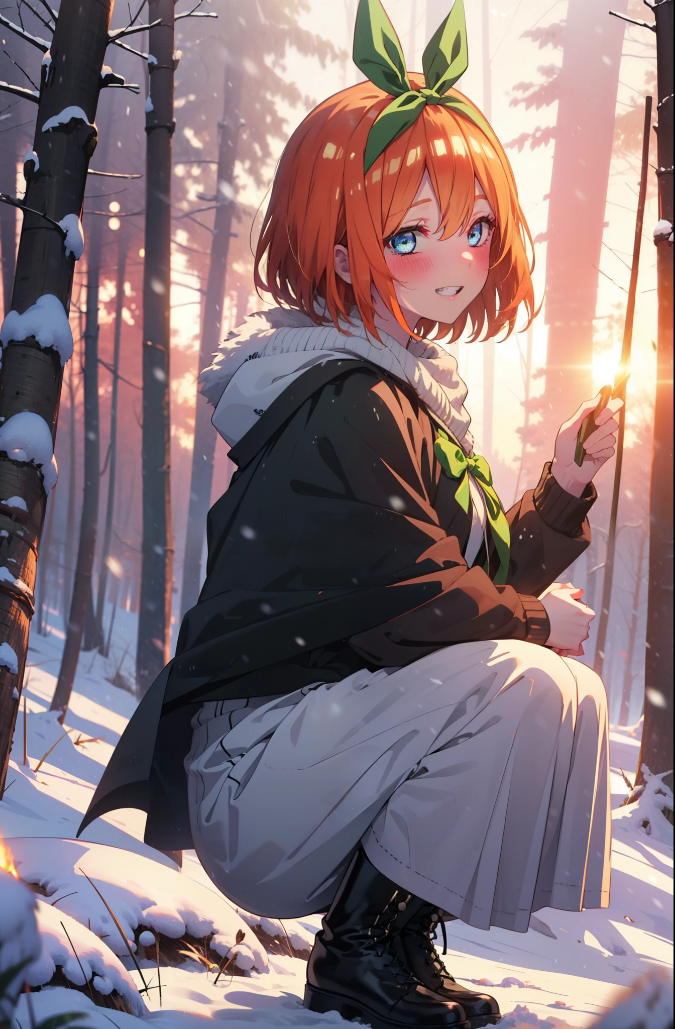 yotsubanakano, yotsuba nakano, bangs, short hair, blue eyes, Hair between the eyes, Hair Ribbon, hair band, Orange Hair, (Green ribbon:1.5), smile, Grin,smile,blush,White Breath,
Open your mouth,snow,Ground bonfire, Outdoor, boots, snowing, From the side, wood, suitcase, Cape, Blurred, Increase your meals, forest, White handbag, nature,  Squat, Mouth closed, フードed Cape, winter, Written boundary depth, Black shoes, red Cape break looking at viewer, Upper Body, whole body, break Outdoor, forest, nature, break (masterpiece:1.2), highest quality, High resolution, unity 8k wallpaper, (shape:0.8), (Beautiful and beautiful eyes:1.6), Highly detailed face, Perfect lighting, Highly detailed CG, (Perfect hands, Perfect Anatomy),