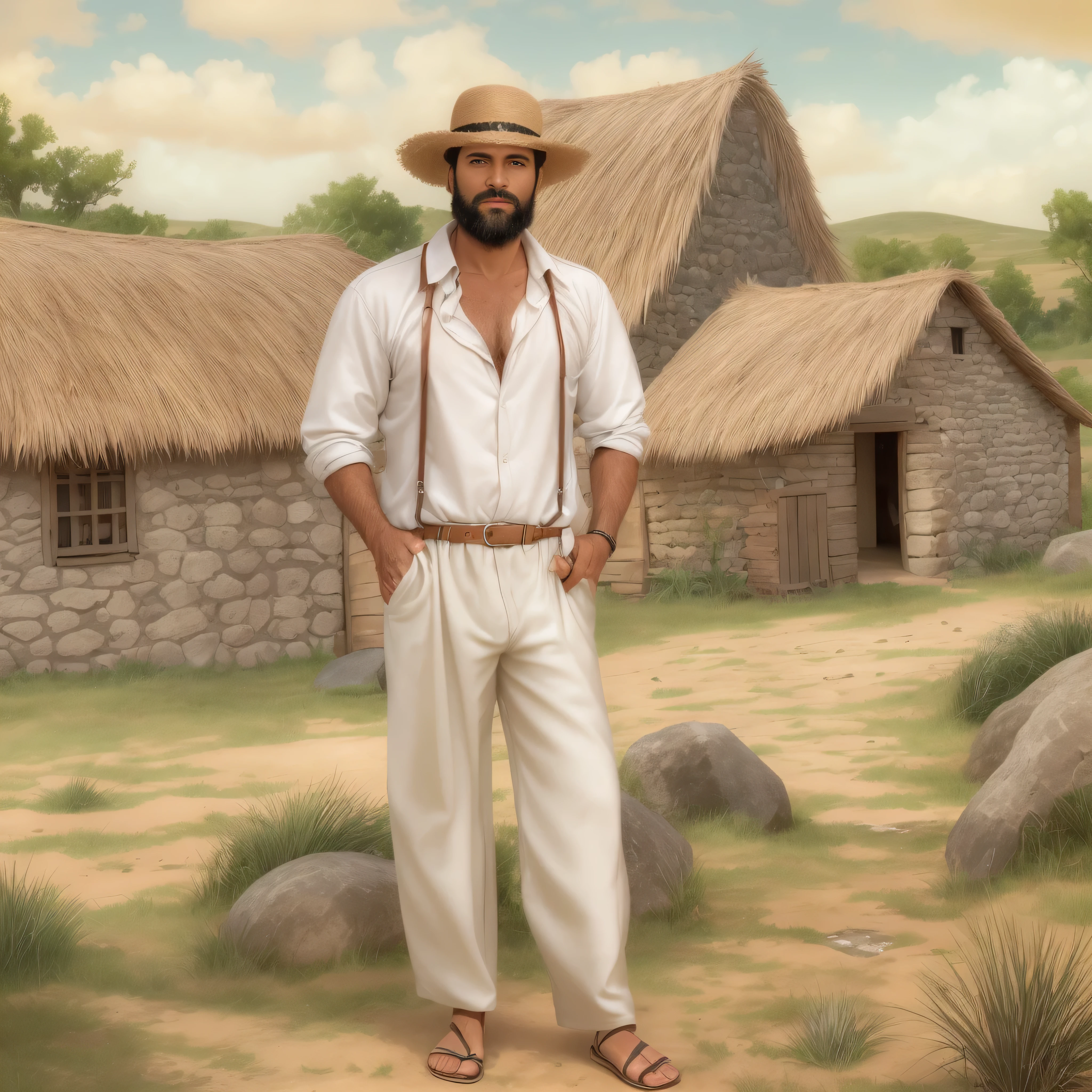 Create an image of a 38-year-old man with brown skin, a beard, and wearing a white, buttonless cotton shirt. He also has on dirty white cotton pants, strappy huarache sandals, and a traditional hat worn by poor farmers in 1910s Mexico. He has no belt, and the background should be a rural setting of that era, including stone houses and stone huts with thatched roofs. The image should be super realistic, medium shot, upper body.
