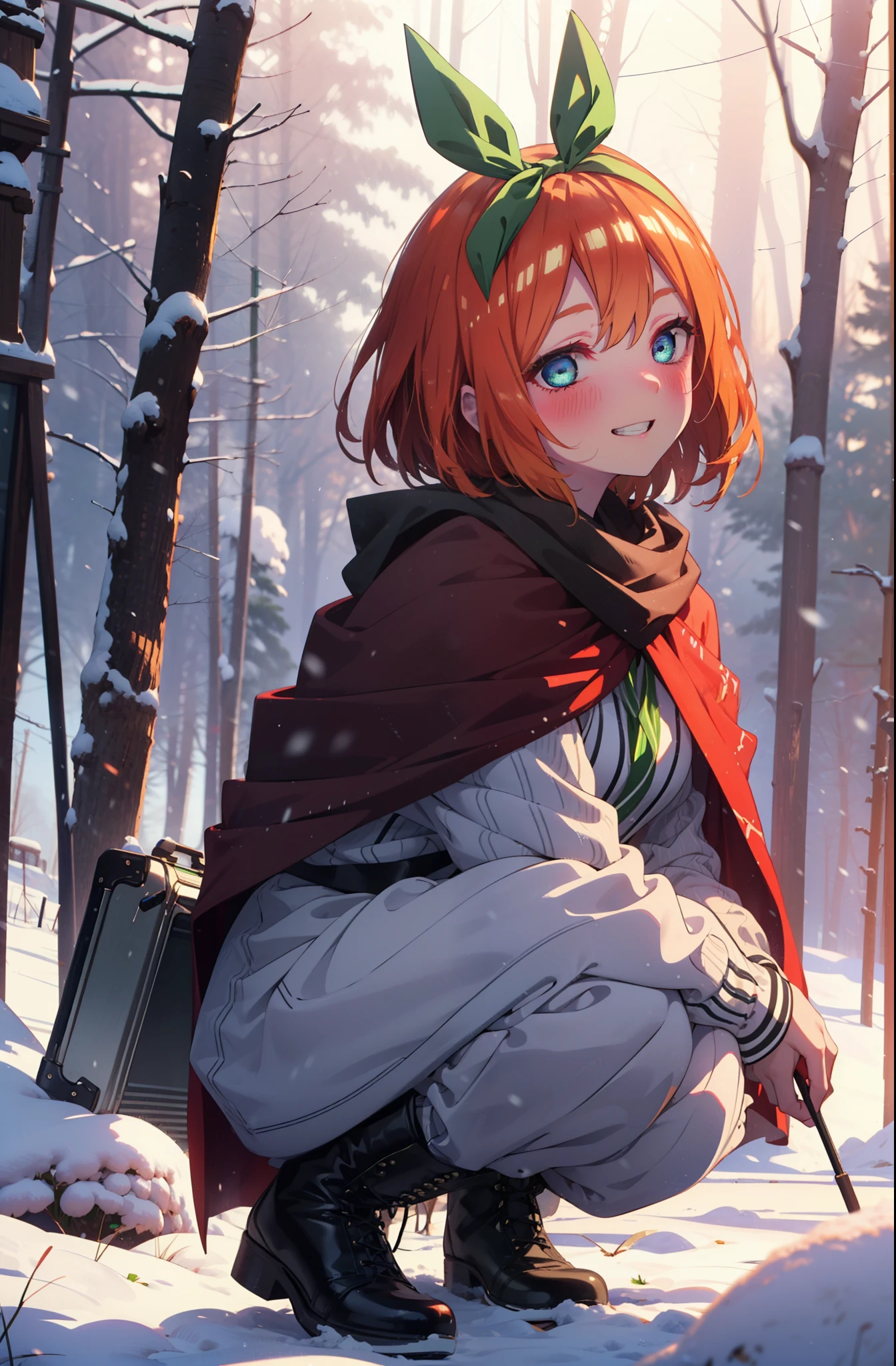 yotsubanakano, yotsuba nakano, bangs, short hair, blue eyes, Hair between the eyes, Hair Ribbon, hair band, Orange Hair, (Green ribbon:1.5), smile, Grin,smile,blush,White Breath,
Open your mouth,snow,Ground bonfire, Outdoor, boots, snowing, From the side, wood, suitcase, Cape, Blurred, Increase your meals, forest, White handbag, nature,  Squat, Mouth closed, フードed Cape, winter, Written boundary depth, Black shoes, red Cape break looking at viewer, Upper Body, whole body, break Outdoor, forest, nature, break (masterpiece:1.2), highest quality, High resolution, unity 8k wallpaper, (shape:0.8), (Beautiful and beautiful eyes:1.6), Highly detailed face, Perfect lighting, Highly detailed CG, (Perfect hands, Perfect Anatomy),