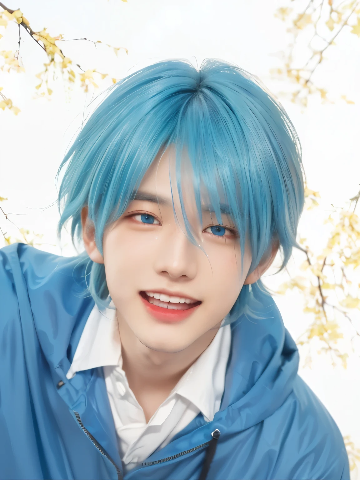 ((ULTRA DETAIL)), ((REALISTIC))a close up of a person with blue hair and a blue jacket, koyoharu gotouge, tall anime guy with blue eyes, giga chad crying, anime moe artstyle, inspired by Kun Can, gapmoe yandere, ken kaneki, kaworu nagisa, joyful smirk, umamusume, sakimi chan