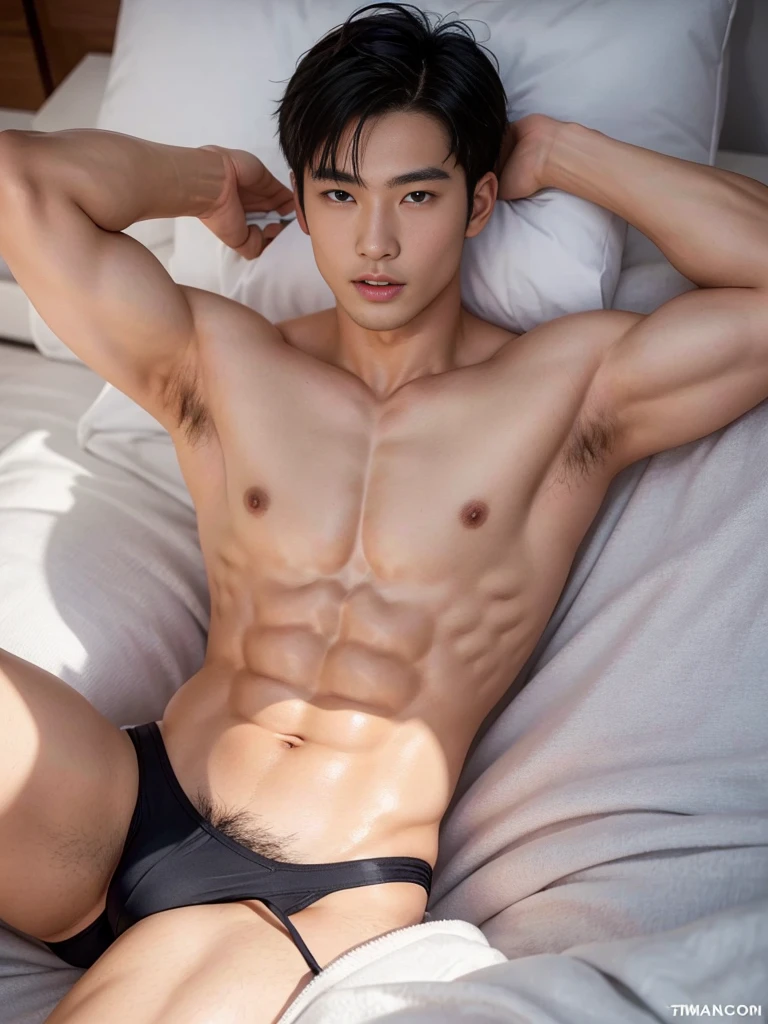 Asian man in a sexy bikini, handsome man, handsome guy, handsome asian man, Full Body Shoot, male underwear, briefs, detailed facial parts, Manly, Charmer, Active Boy, looking at the viewer, lying down on the bed, legs opened, harness, mouth opened, perfect anatomy, symmetric body, asian boy 25-year-old, shirtless :: high detail, asian, a little six packs attractive body, realistic, human skin, handsome chad chin, shirtless, handsome, lean muscle, attractive, slim, masculine, sexually attractive, human skin, (eyes contact), Handsome, Attractive, bulge in briefs, The crotch is raised, bright tone, realistic, lifted arms, pubes