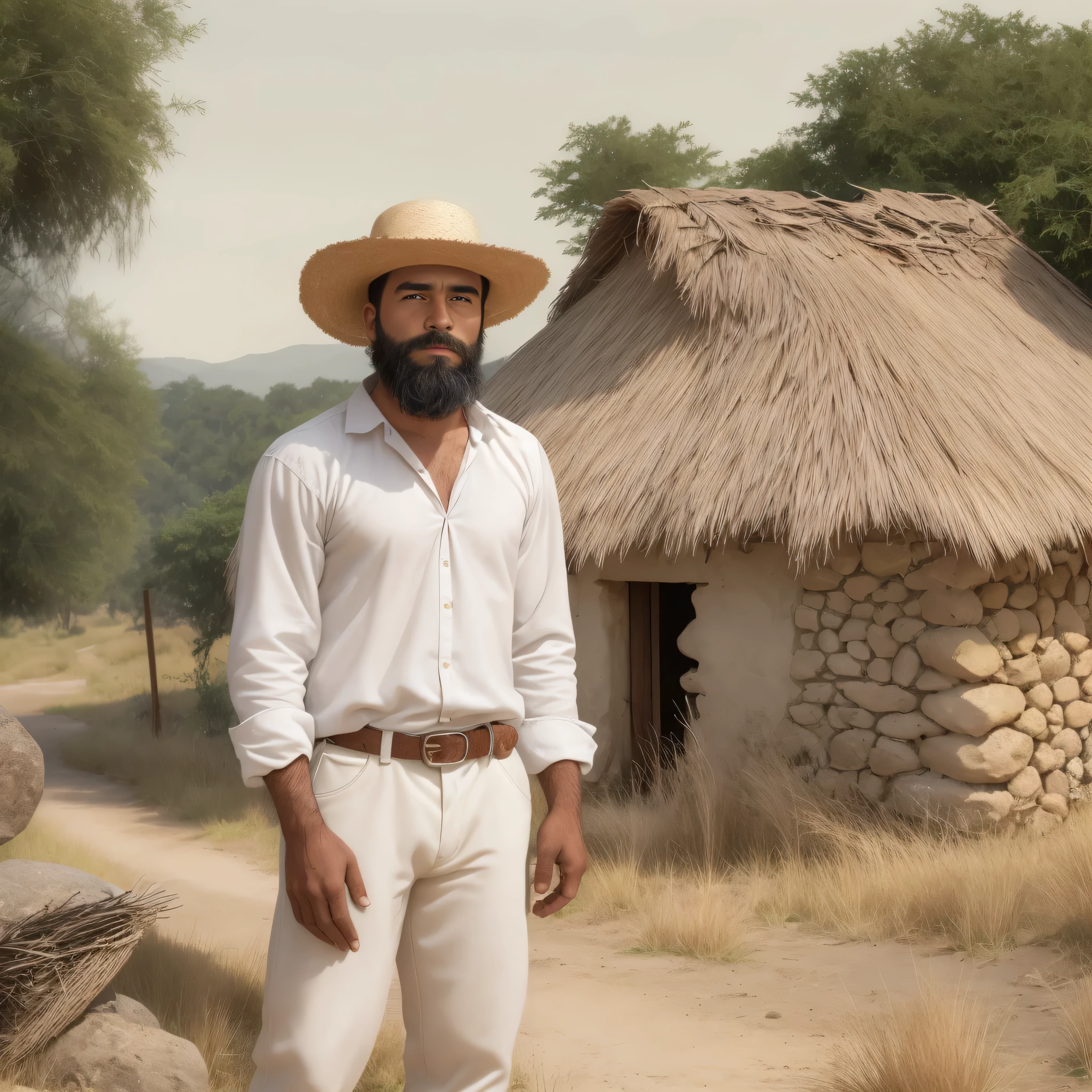 Create an image of a 38-year-old man with brown skin, a beard, and wearing a white, buttonless cotton shirt. He also has on dirty white cotton pants, strappy huarache sandals, and a traditional hat worn by poor farmers in 1910s Mexico. He has no belt, and the background should be a rural setting of that era, including stone houses and stone huts with thatched roofs. The image should be super realistic, medium shot, upper body.