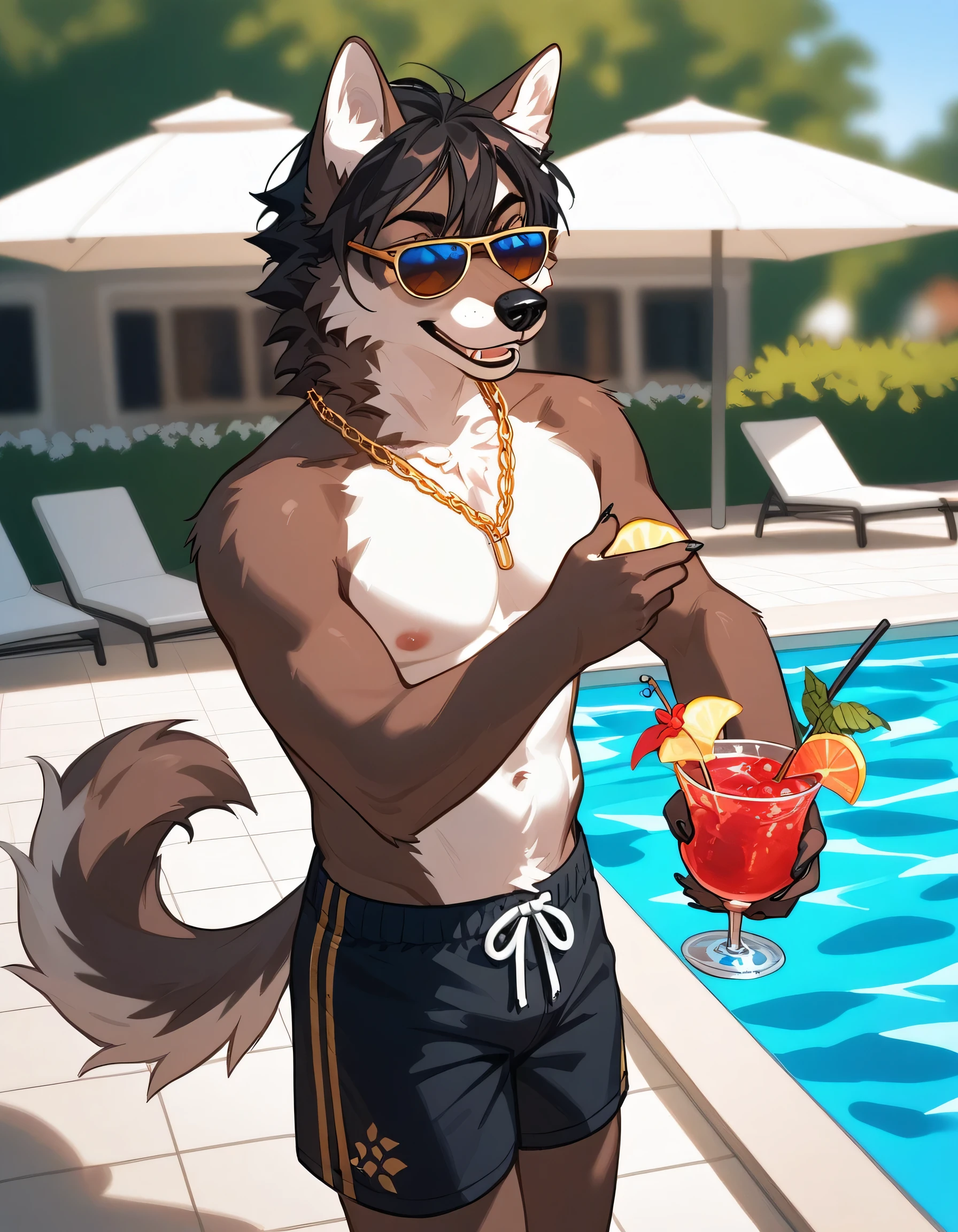 score_9,score_8_up,score_7_up, source_cartoon, source_furry, an Anthro furry brown wolf male, shaggy black hair, black nose, grinning, having fun, wearing sunglasses, gold chain, black swimming trunks, standing, holding a margarita, hanging out with several other male and female furries, at a public pool, swimming pool background, sunny day,