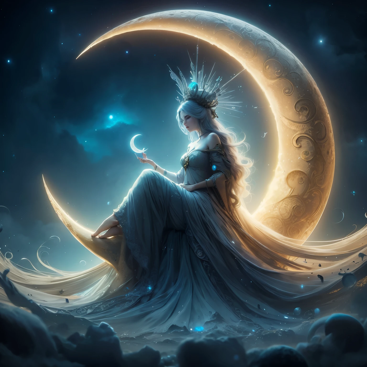Moon Queen sitting on a crescent moon 8k resolution