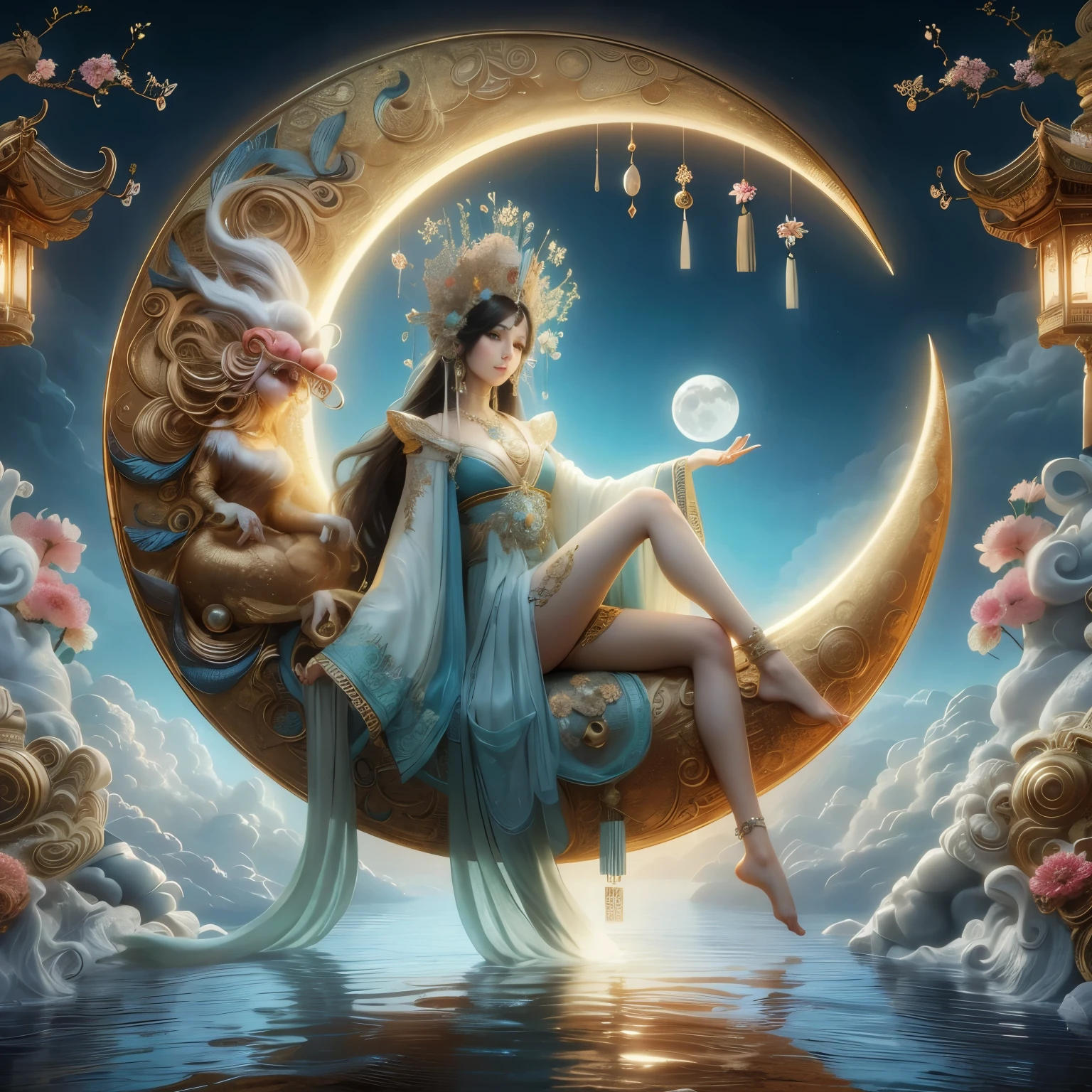 Moon Queen sitting across a crescent moon 8k resolution,