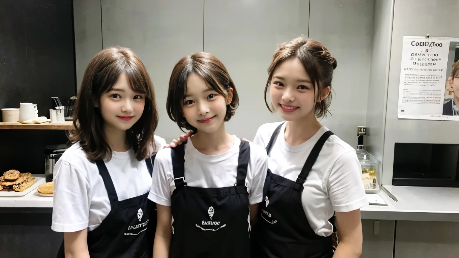 super high quality, Short Hair, Slender, Gravure photoshoot, The staff is working at the counter in the back., (8k、RAW Photos、highest quality、masterpiece:1.2), Japanese Idol, Stylish café, The cafe is crowded with people enjoying themselves., (Realistic、Photorealistic:1.37), Bob Hair, Mesh Hair, Urban Cafe, Golden Ratio, Raw photo, Cute face , Light Brown Hair, Small breasts, Bright cafe interior, Spring Clothes, Cafe Terrace, Open Cafe, A kind smile, Hair blowing in the wind, Neat clothes, boyish, T-Shirts, 18-year-old, younger sister, Stylish clothes,