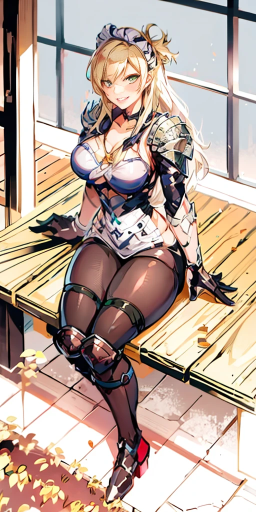 1girl, full body, short blonde hair, green eyes, blue maid dress, mitsuki bakugo from my hero academy