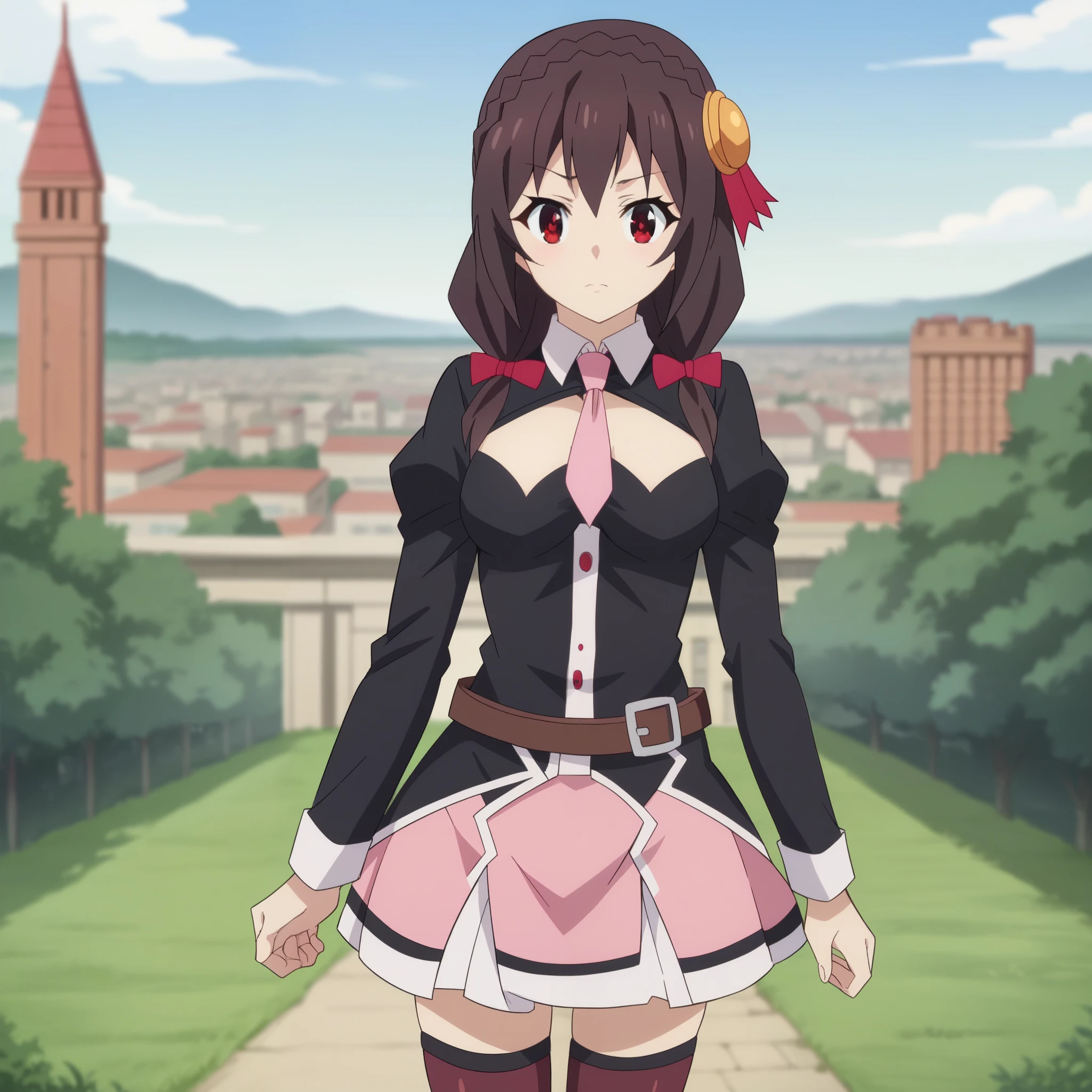 score_9, score_8_up, score_7_up, source_anime,
yunyun,
yunyun, black hair, hair ornament, red eyes, bow, braid, crown braid,
skirt, thighhighs, long sleeves, necktie, belt, clothing cutout, cleavage cutout, pink skirt, pink necktie,
outdoors, cityscape,
looking at viewer, dutch angle, cowboy shot,