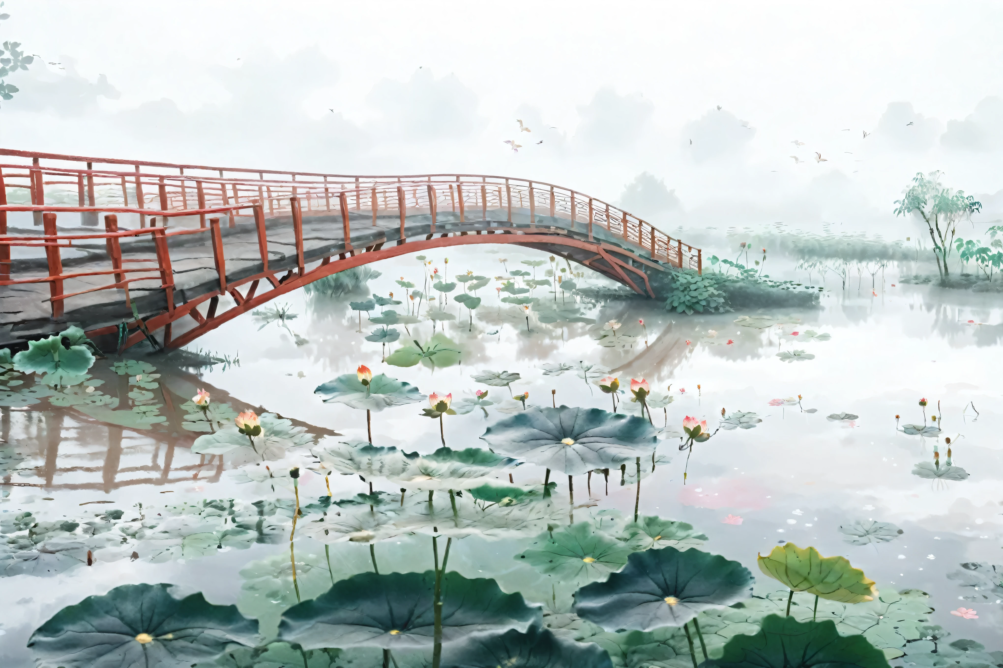 red bridge bridge red bridges chinese architecture, A Jiangnan village in the distance、Minimalist Photography Chinese Architecture, early morning, Hangzhou, Bridge in a pond with lotus leaves, White mist,8k、high resolution、National Geographic Works、RAW photos、International Gold Award Photo