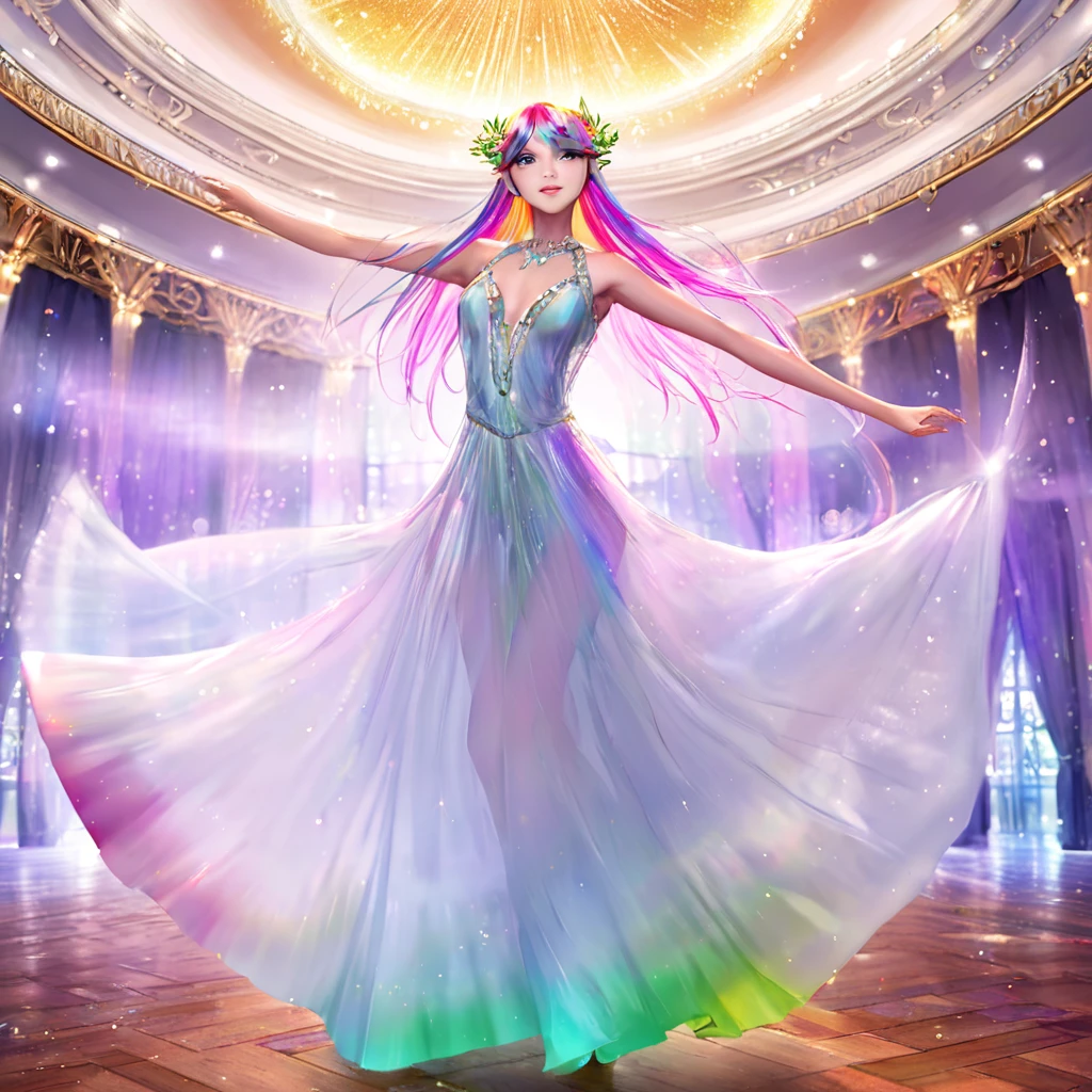 a beautiful elven dancer, 1 girl, rainbow hair, rainbow sheer silky billowing dress, doing a sultry dance with grand sweeping movements, in a royal banquet hall, best quality, 8k, highres, masterpiece, ultra-detailed, realistic, photorealistic, photo-realistic, HDR, UHD, studio lighting, ultra-fine painting, sharp focus, physically-based rendering, extreme detail description, professional, vivid colors, bokeh, fantasy, magical, ethereal
