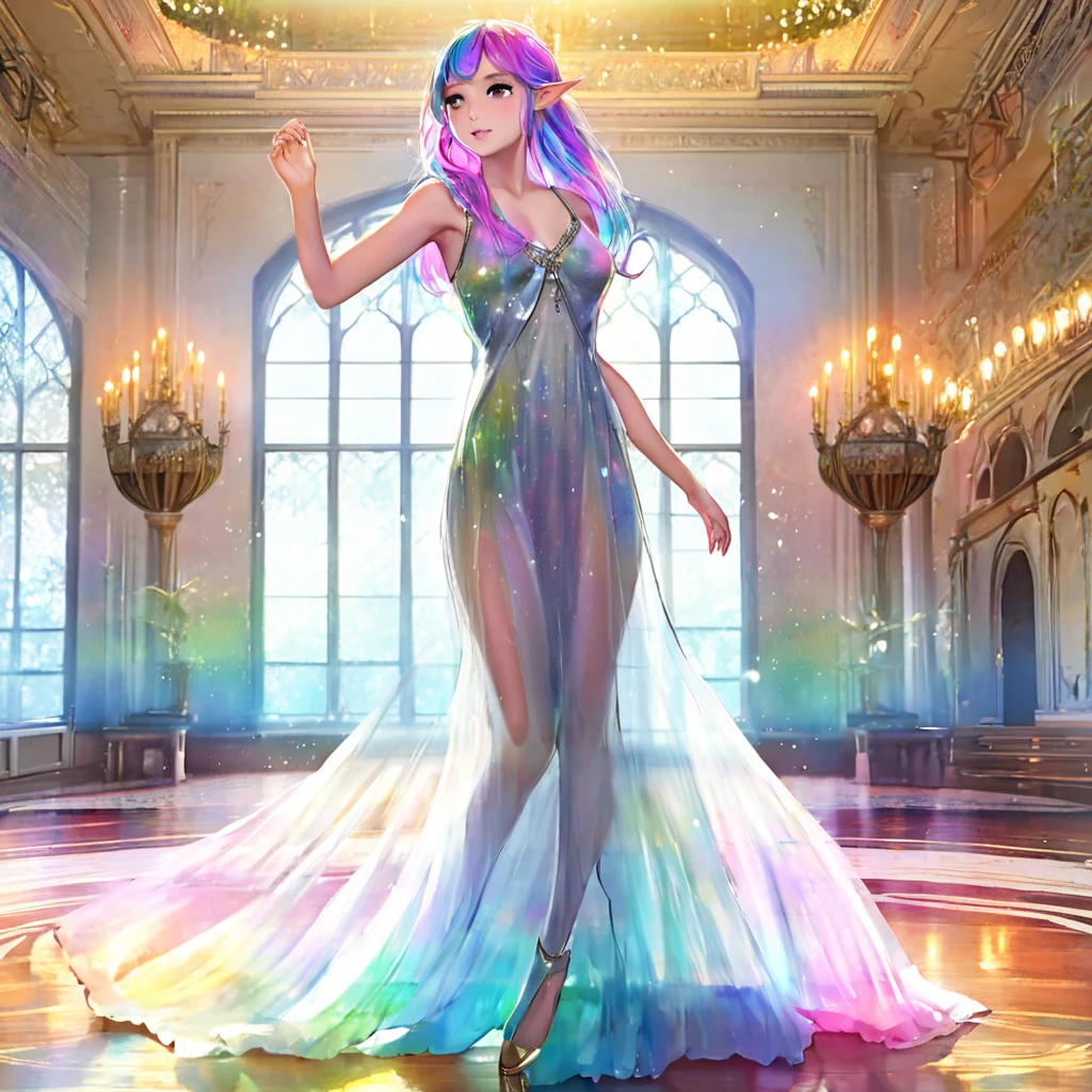 a beautiful elven dancer, 1 girl, rainbow hair, rainbow sheer silky billowing dress, doing a sultry dance with grand sweeping movements, in a royal banquet hall, best quality, 8k, highres, masterpiece, ultra-detailed, realistic, photorealistic, photo-realistic, HDR, UHD, studio lighting, ultra-fine painting, sharp focus, physically-based rendering, extreme detail description, professional, vivid colors, bokeh, fantasy, magical, ethereal
