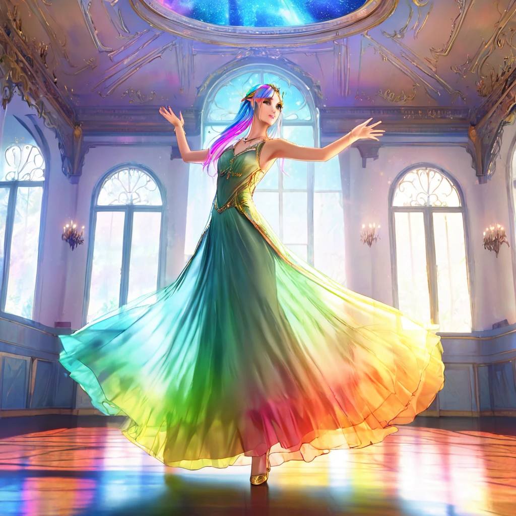 a beautiful elven dancer, 1 girl, rainbow hair, rainbow sheer silky billowing dress, doing a sultry dance with grand sweeping movements, in a royal banquet hall, best quality, 8k, highres, masterpiece, ultra-detailed, realistic, photorealistic, photo-realistic, HDR, UHD, studio lighting, ultra-fine painting, sharp focus, physically-based rendering, extreme detail description, professional, vivid colors, bokeh, fantasy, magical, ethereal
