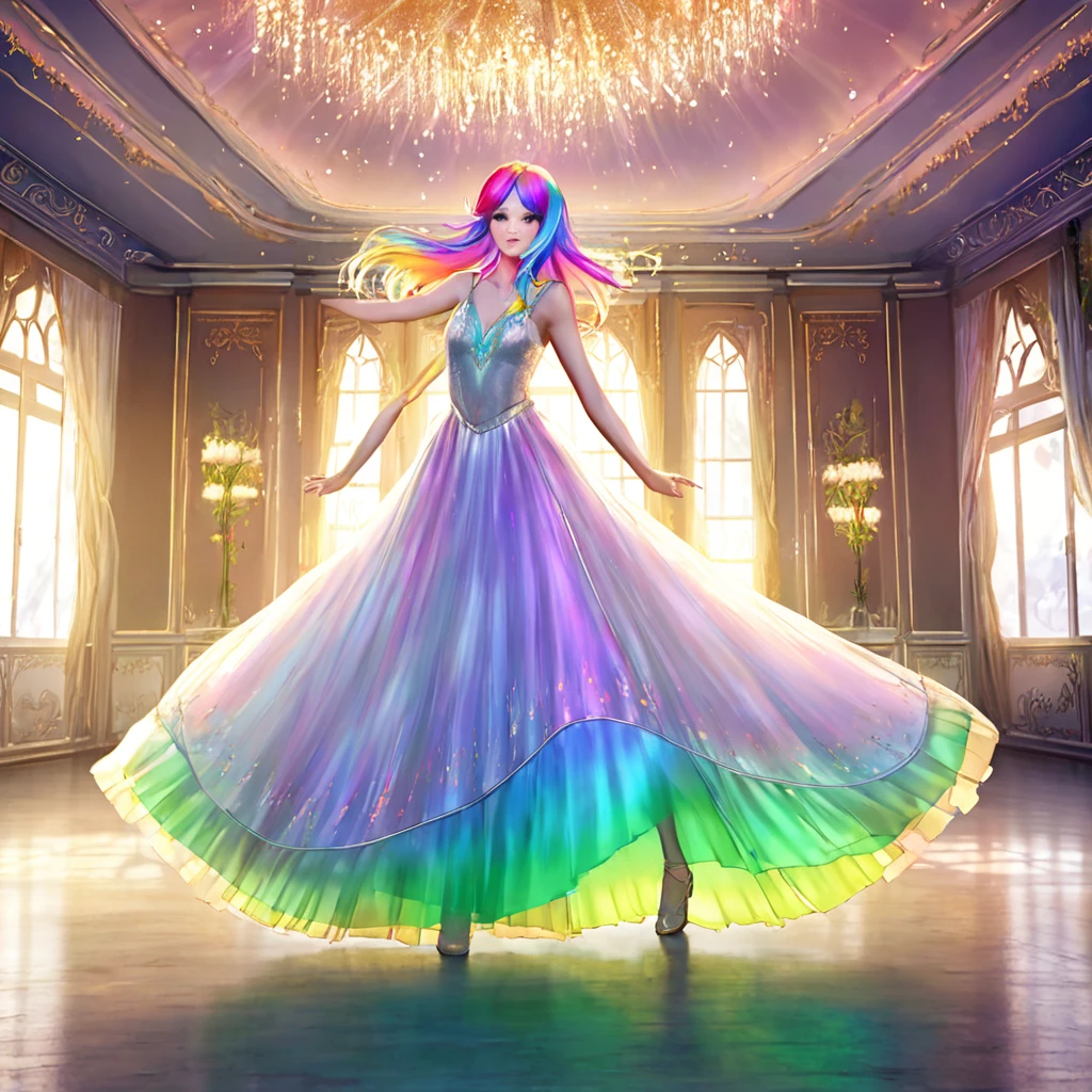 a beautiful elven dancer, 1 girl, rainbow hair, rainbow sheer silky billowing dress, doing a sultry dance with grand sweeping movements, in a royal banquet hall, best quality, 8k, highres, masterpiece, ultra-detailed, realistic, photorealistic, photo-realistic, HDR, UHD, studio lighting, ultra-fine painting, sharp focus, physically-based rendering, extreme detail description, professional, vivid colors, bokeh, fantasy, magical, ethereal
