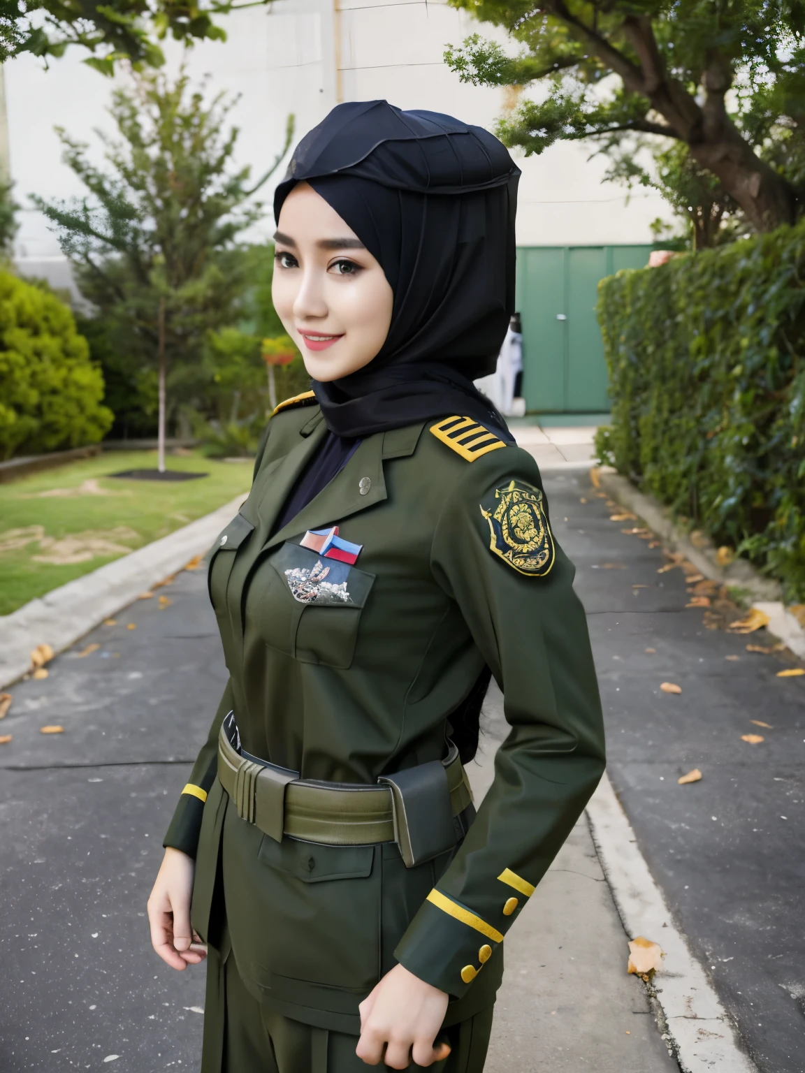 Masterpiece, hd, realistic, Malay girl in hijab , hijab , young woman , 20 y o, 165 cm height, wearing military uniform, military cap, long sleeves, standing, outdoor, small breasts, smile, (smile:1.0)