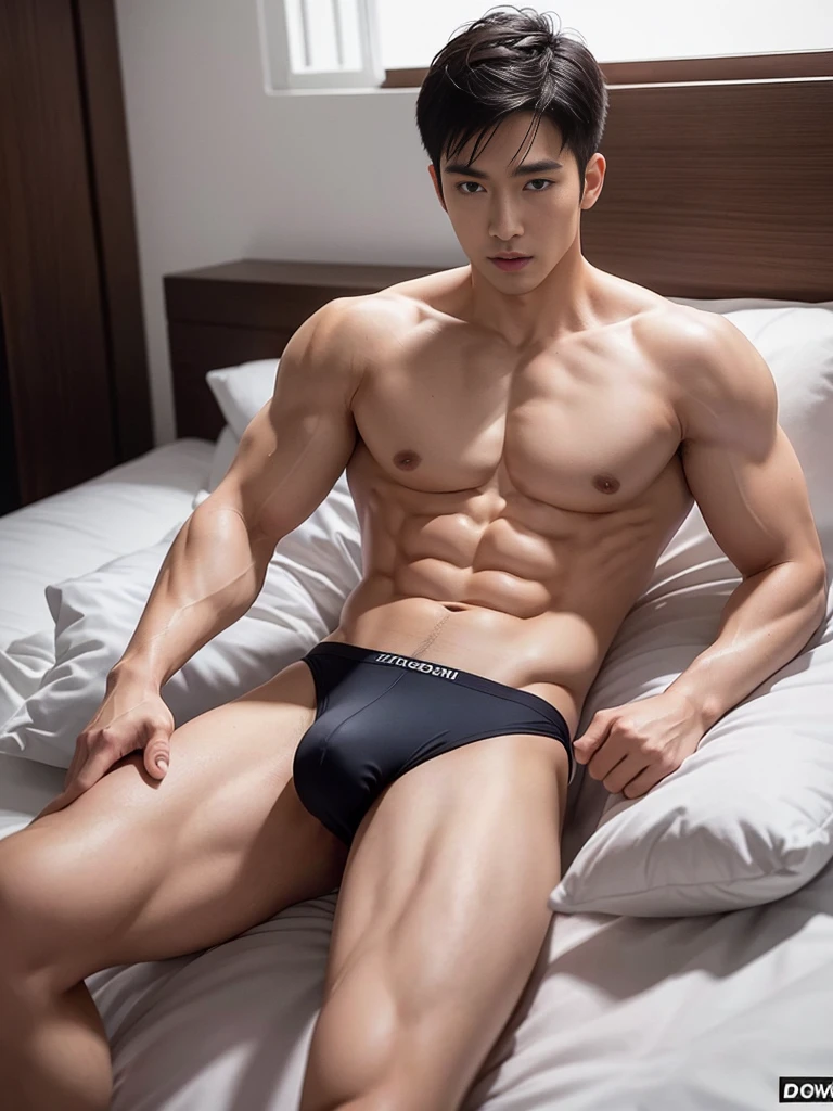 Asian man in a sexy bikini, handsome man, handsome guy, handsome asian man, Full Body Shoot, male underwear, briefs, detailed facial parts, Manly, Charmer, Active Boy, looking at the viewer, lying down on the bed, legs opened, harness, mouth opened, perfect anatomy, symmetric body, asian boy 25-year-old, shirtless :: high detail, asian, a little six packs attractive body, realistic, human skin, handsome chad chin, shirtless, handsome, lean muscle, attractive, slim, masculine, sexually attractive, human skin, (eyes contact), Handsome, Attractive, bulge in briefs, The crotch is raised, bright tone, realistic, lifted arms, pubes, erection