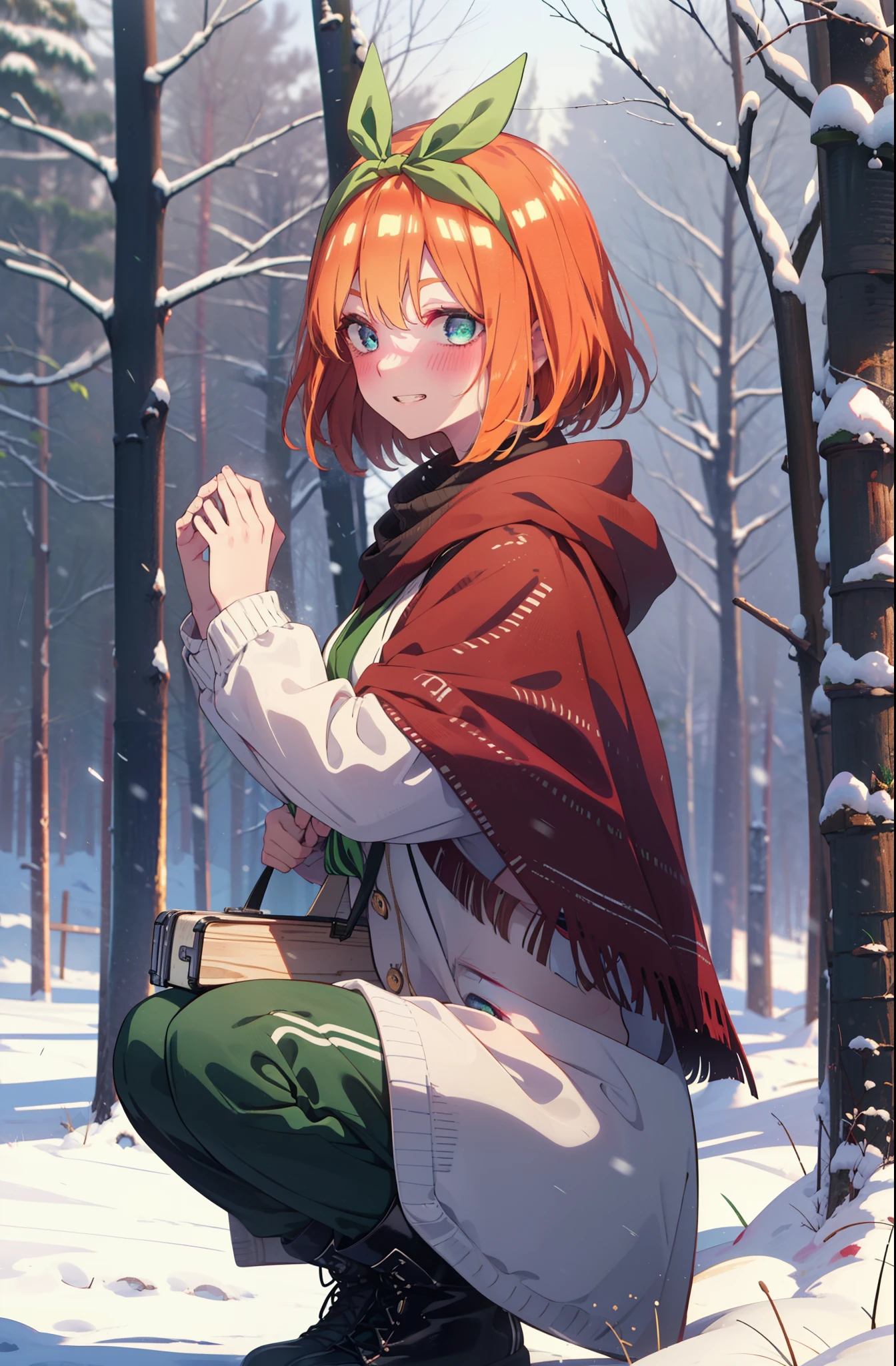 yotsubanakano, yotsuba nakano, bangs, short hair, blue eyes, Hair between the eyes, Hair Ribbon, hair band, Orange Hair, (Green ribbon:1.5), smile, Grin,smile,blush,White Breath,
Open your mouth,snow,Ground bonfire, Outdoor, boots, snowing, From the side, wood, suitcase, Cape, Blurred, Increase your meals, forest, White handbag, nature,  Squat, Mouth closed, フードed Cape, winter, Written boundary depth, Black shoes, red Cape break looking at viewer, Upper Body, whole body, break Outdoor, forest, nature, break (masterpiece:1.2), highest quality, High resolution, unity 8k wallpaper, (shape:0.8), (Beautiful and beautiful eyes:1.6), Highly detailed face, Perfect lighting, Highly detailed CG, (Perfect hands, Perfect Anatomy),