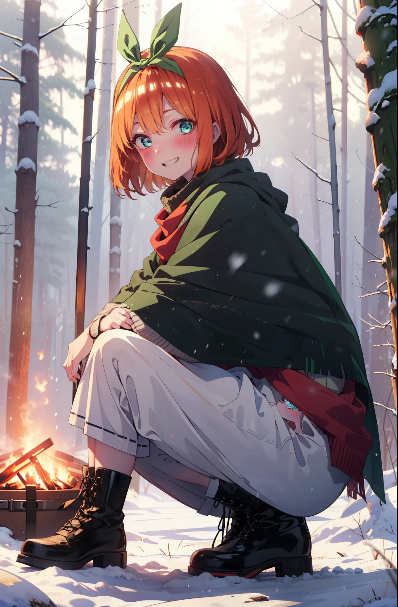 yotsubanakano, yotsuba nakano, bangs, short hair, blue eyes, Hair between the eyes, Hair Ribbon, hair band, Orange Hair, (Green ribbon:1.5), smile, Grin,smile,blush,White Breath,
Open your mouth,snow,Ground bonfire, Outdoor, boots, snowing, From the side, wood, suitcase, Cape, Blurred, Increase your meals, forest, White handbag, nature,  Squat, Mouth closed, フードed Cape, winter, Written boundary depth, Black shoes, red Cape break looking at viewer, Upper Body, whole body, break Outdoor, forest, nature, break (masterpiece:1.2), highest quality, High resolution, unity 8k wallpaper, (shape:0.8), (Beautiful and beautiful eyes:1.6), Highly detailed face, Perfect lighting, Highly detailed CG, (Perfect hands, Perfect Anatomy),