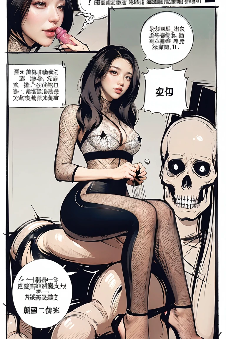 The beautiful girl in lace top and leggings is sitting astride a pile of skeletons in the center of the picture. She is holding a trembling sausage with juice squeezed out in her hand and smiling. There are multiple comic storyboards in the background，cbt, sausage bondage,sausage insertion,Sexy, trampling sausage with high heels heel,(masterpiece, best quality:1.2)，1 beautiful girl,sexy，comic storyboard:2, leggings, sit astride, axially symmetrical:2, ,femdom，sounding，cbt，hold，smile，colorful，leggings，thin gap，cameltoe，insertion，trembling，juice，spray， Long hair,Lace top,Sexy, Shiny leggings, High heel，cleveage, trampling, in forest, saliva , Mucus，