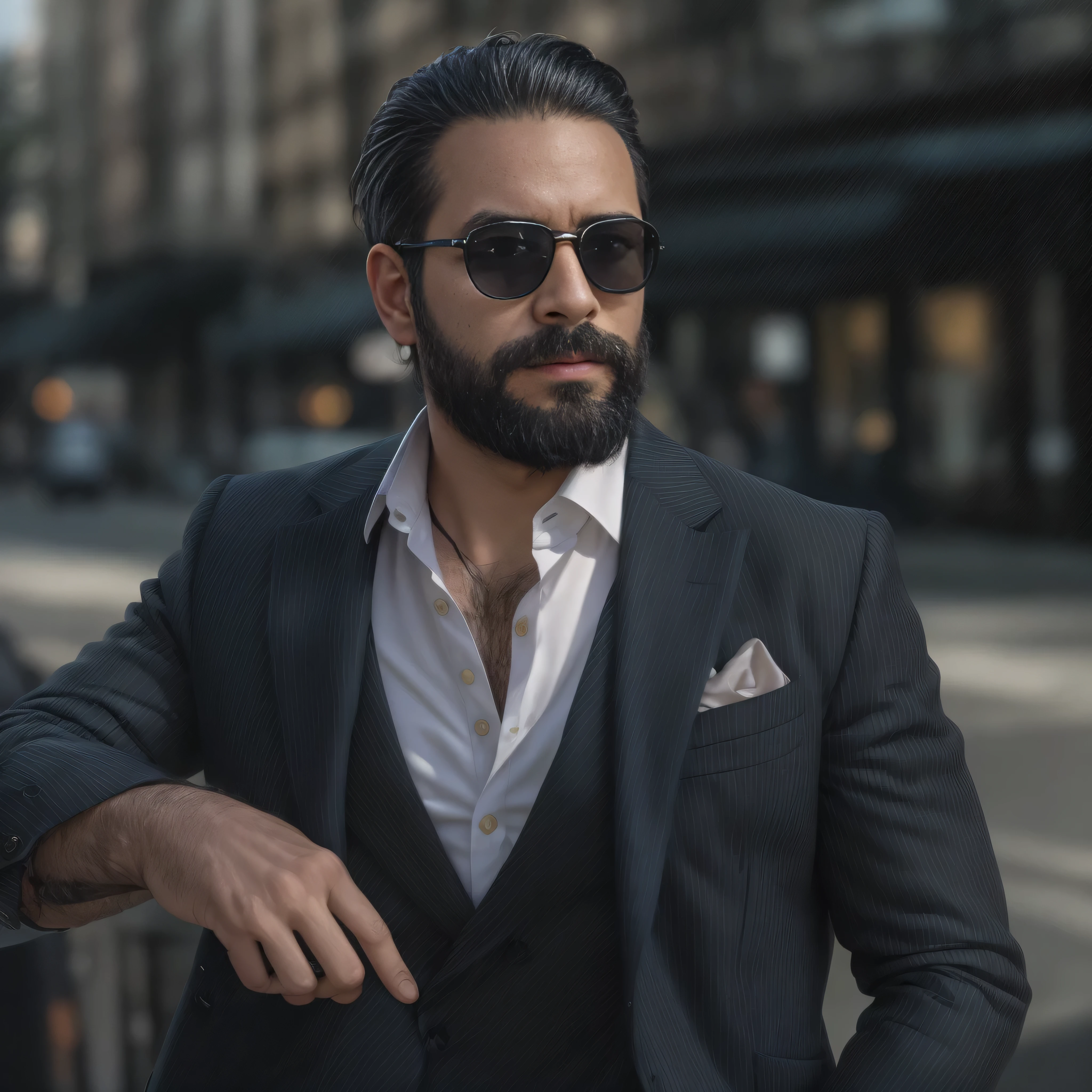 A 38-year-old man with light brown skin and a well-groomed beard. He is wearing stylish, dark sunglasses that complement his elegant look. He is dressed in a very elegant outfit consisting of a tailored, dark navy blue blazer, a crisp white dress shirt with the top button undone, and a silk pocket square peeking out from the blazer's chest pocket. The man exudes confidence and sophistication. The background is a blurred urban setting, suggesting he is in a fashionable city area. The focus is on the upper body in a medium shot, capturing his confident pose and the details of his elegant attire.