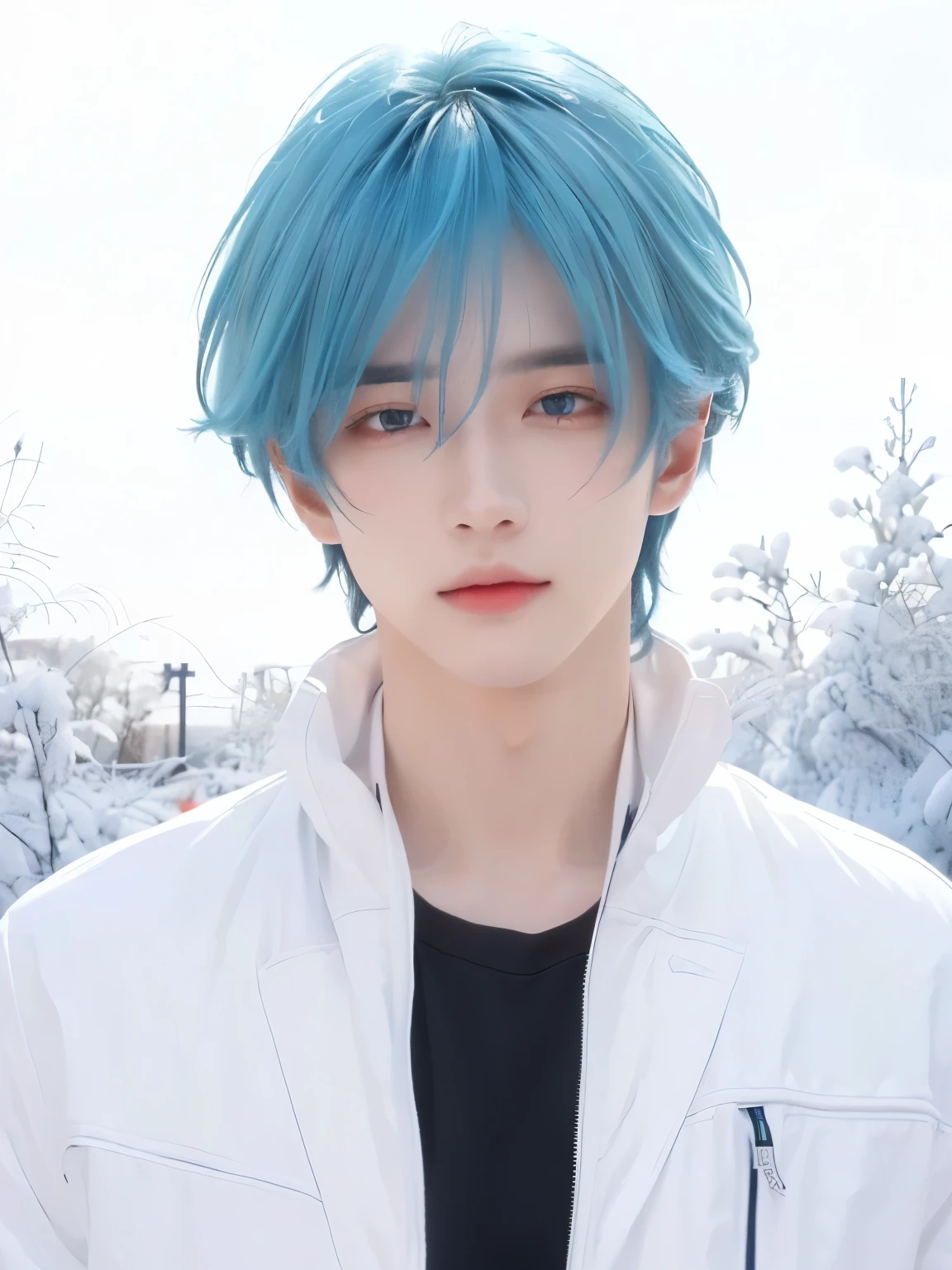 ((ULTRA DETAIL)), ((REALISTIC))a close up of a person with blue hair wearing a white jacket, tall anime guy with blue eyes, koyoharu gotouge, gapmoe yandere, tsunami behind him, delicate androgynous prince, as an anime character, anime handsome man, seinen manga portrait, giga chad crying, inspired by Okumura Togyu