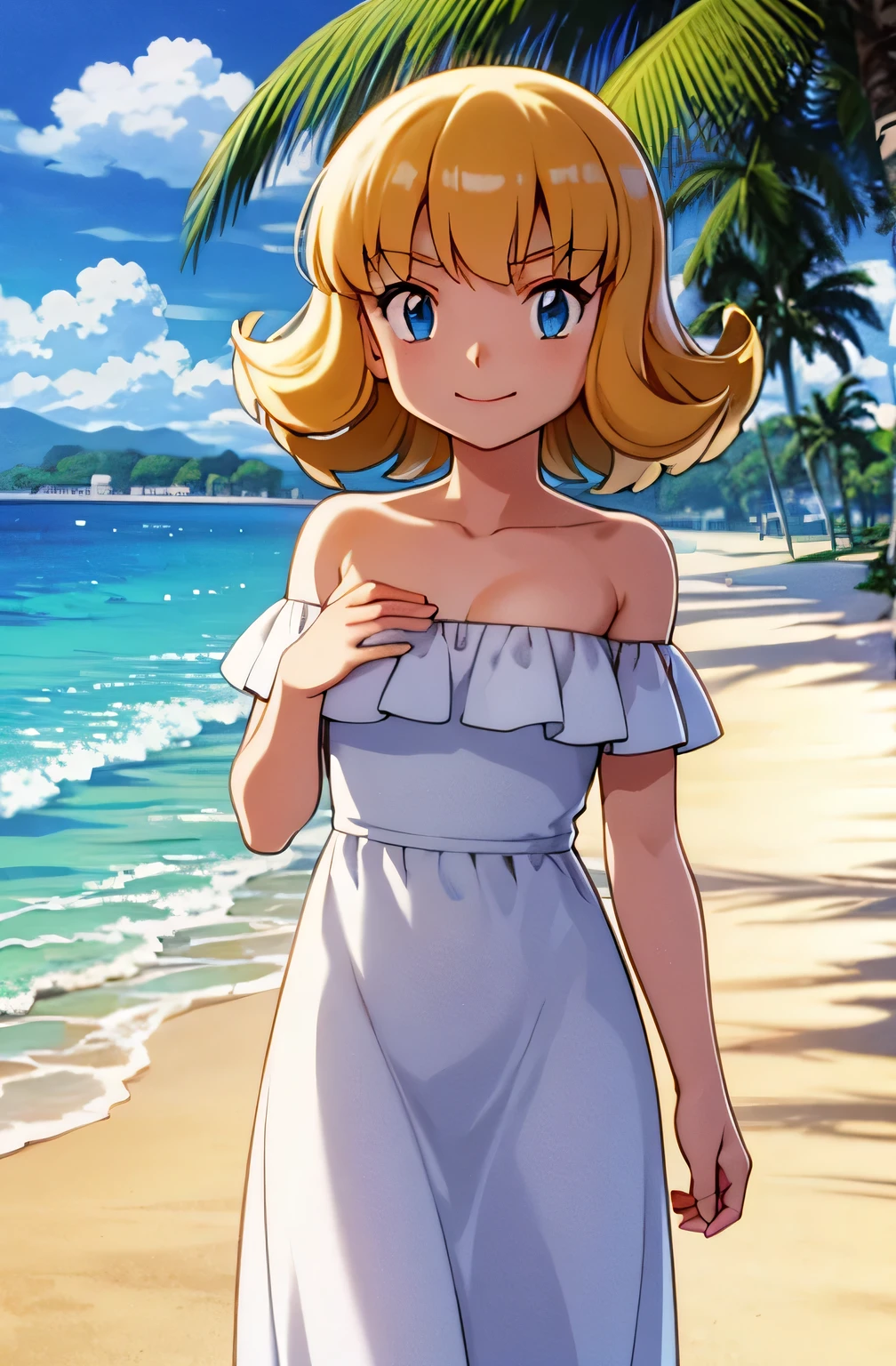 pokemovies, sugimori ken, ken sugimori ken \(style\), anime screencap, masterpiece, best quality, highres, outdoors, small breasts, 1 girl, Solo, Blue Eyes, Beautiful Detail Eyes, Blonde Medium Hair, Short Hair, Bangs, Good hands are down, Smile, Blushing, Bare Neck, Bare Shoulders, strapless, White Ruffle Off-the-Shoulder maxi dress. Cowboy shot. A landscape of the beach, sea, blue skies, clouds, sand beach. In the center. Standing on the beach. Palm trees, looking at viewers