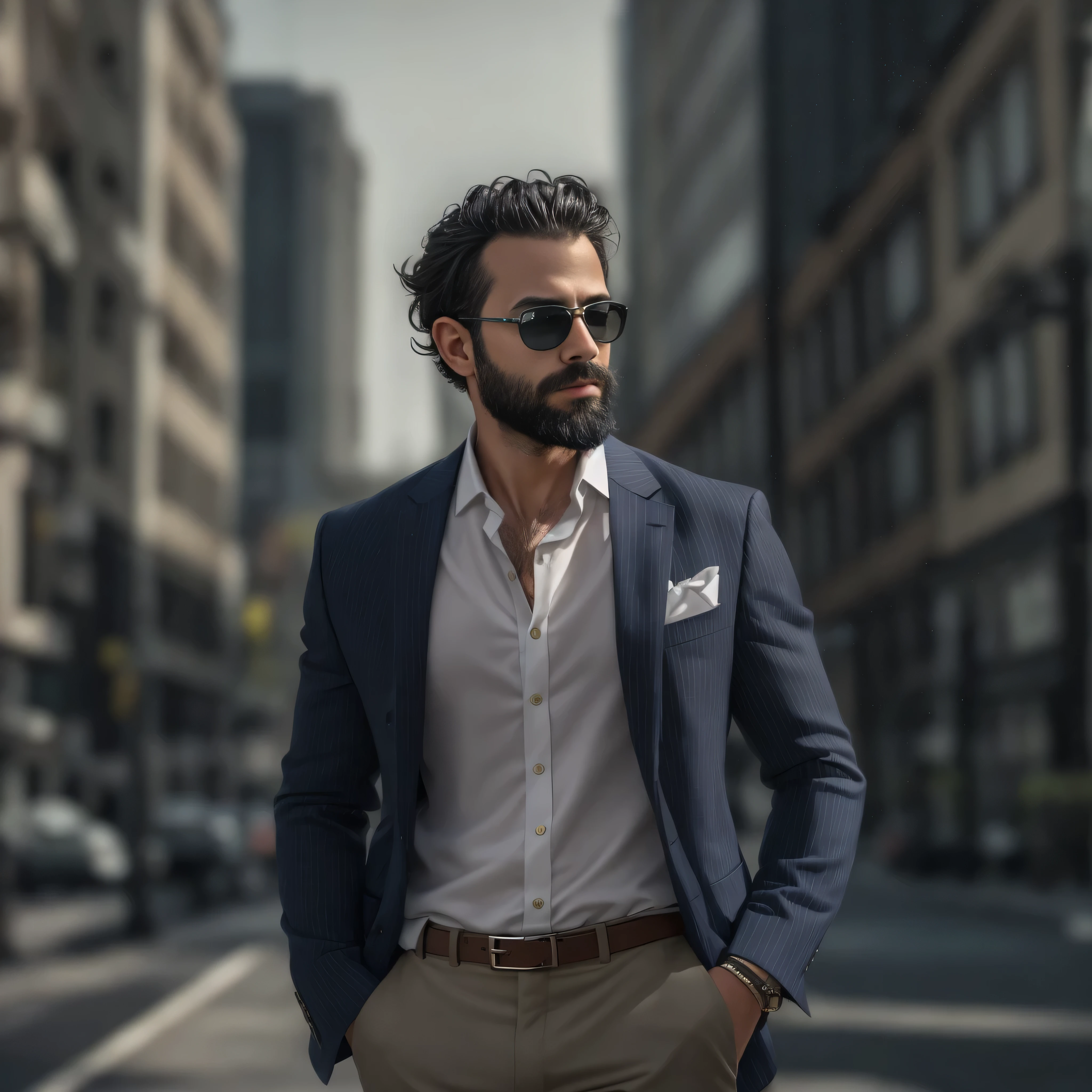 A 38-year-old man with light brown skin and a well-groomed beard. He is wearing stylish, dark sunglasses that add to his sophisticated look. He is dressed in a very elegant outfit: a tailored dark navy blue blazer, a crisp white dress shirt with the top button undone, and a silk pocket square peeking out from the blazer's chest pocket. He exudes confidence and sophistication. The background features a blurred urban setting, suggesting he is in a fashionable city area. The focus is on his upper body in a medium shot, capturing his confident pose and the details of his elegant attire.