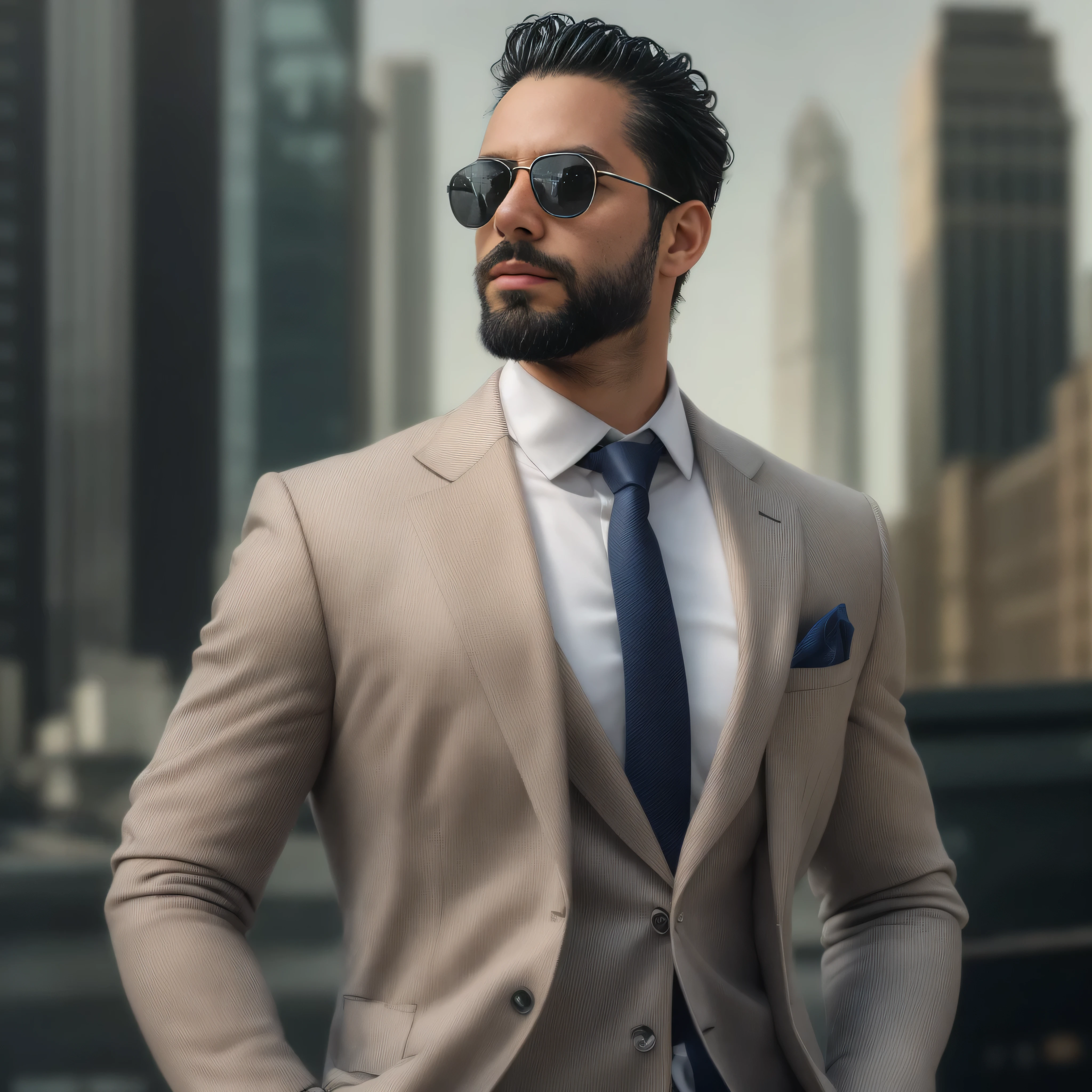 A 38-year-old man with light brown skin and a neatly trimmed beard. He is wearing dark, stylish sunglasses that enhance his sophisticated appearance. His outfit is exceptionally elegant, featuring a tailored dark navy blue blazer, a crisp white dress shirt with the top button undone, and a silk pocket square in a contrasting color tucked into the blazer's chest pocket. His demeanor is confident and poised. The background is a blurred urban setting, hinting at a fashionable cityscape. The image captures a medium shot focusing on his upper body, highlighting his confident stance and the meticulous details of his attire.