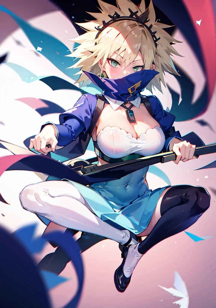 1girl, full body, short blonde hair, green eyes, blue maid dress, mitsuki bakugo from my hero academy