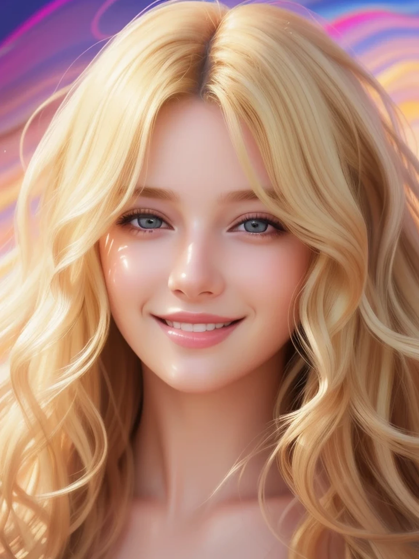 Close-up head, To the camera, Realistic digital painting of a woman portrait, Cute Smile, (Wavy Hair:1.1), (Blonde Hair:1.3), (Abstract, background:1.2), (Highly detailed skin:1.2), Mystical style, Global Illumination,