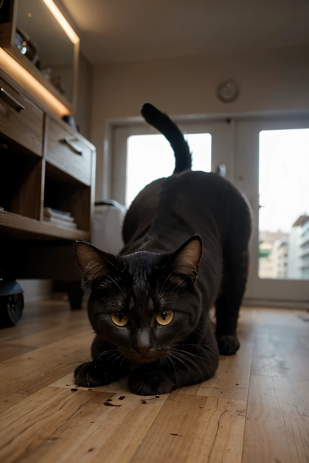 gato gigante com raio laser nos olhos destruindo cidade