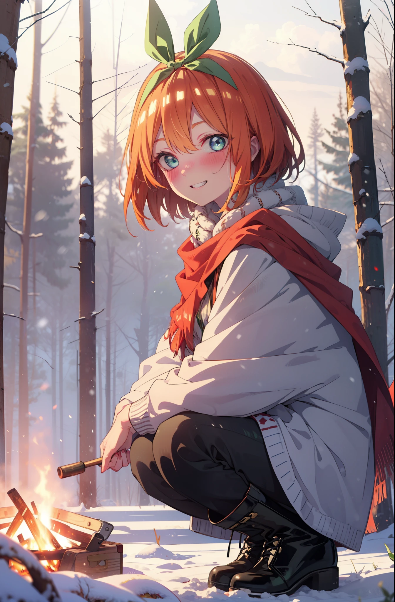 yotsubanakano, yotsuba nakano, bangs, short hair, blue eyes, Hair between the eyes, Hair Ribbon, hair band, Orange Hair, (Green ribbon:1.5), smile, Grin,smile,blush,White Breath,
Open your mouth,snow,Ground bonfire, Outdoor, boots, snowing, From the side, wood, suitcase, Cape, Blurred, Increase your meals, forest, White handbag, nature,  Squat, Mouth closed, フードed Cape, winter, Written boundary depth, Black shoes, red Cape break looking at viewer, Upper Body, whole body, break Outdoor, forest, nature, break (masterpiece:1.2), highest quality, High resolution, unity 8k wallpaper, (shape:0.8), (Beautiful and beautiful eyes:1.6), Highly detailed face, Perfect lighting, Highly detailed CG, (Perfect hands, Perfect Anatomy),