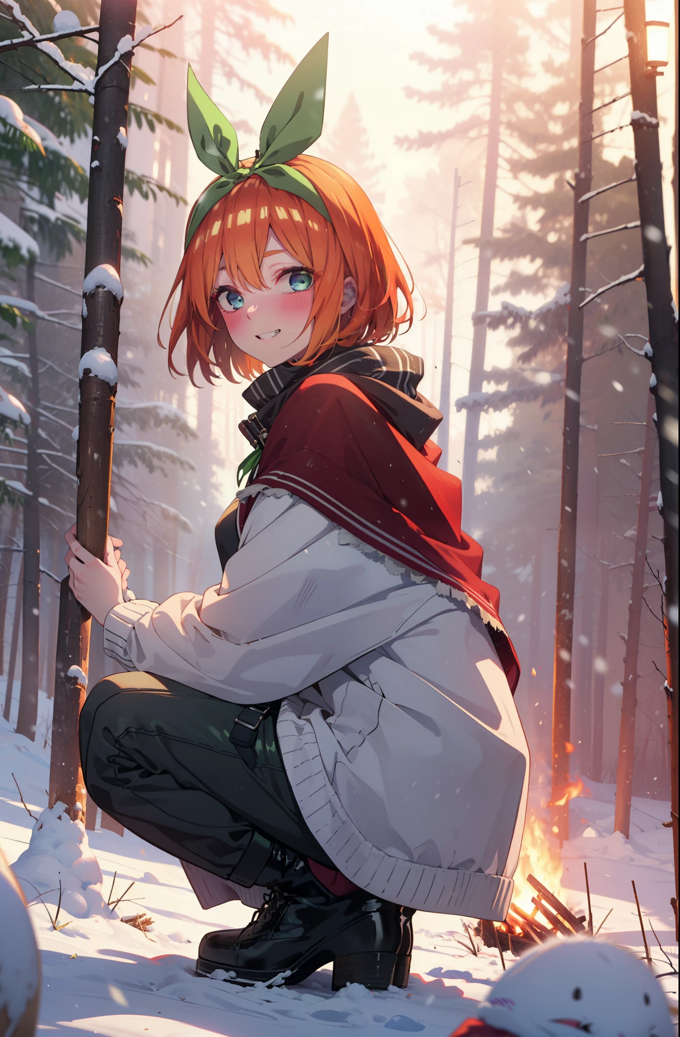 yotsubanakano, yotsuba nakano, bangs, short hair, blue eyes, Hair between the eyes, Hair Ribbon, hair band, Orange Hair, (Green ribbon:1.5), smile, Grin,smile,blush,White Breath,
Open your mouth,snow,Ground bonfire, Outdoor, boots, snowing, From the side, wood, suitcase, Cape, Blurred, Increase your meals, forest, White handbag, nature, Squat, Mouth closed, フードed Cape, winter, Written boundary depth, Black shoes, red Cape break looking at viewer, Upper Body, whole body, break Outdoor, forest, nature, break (masterpiece:1.2), highest quality, High resolution, unity 8k wallpaper, (shape:0.8), (Beautiful and beautiful eyes:1.6), Highly detailed face, Perfect lighting, Highly detailed CG, (Perfect hands, Perfect Anatomy),