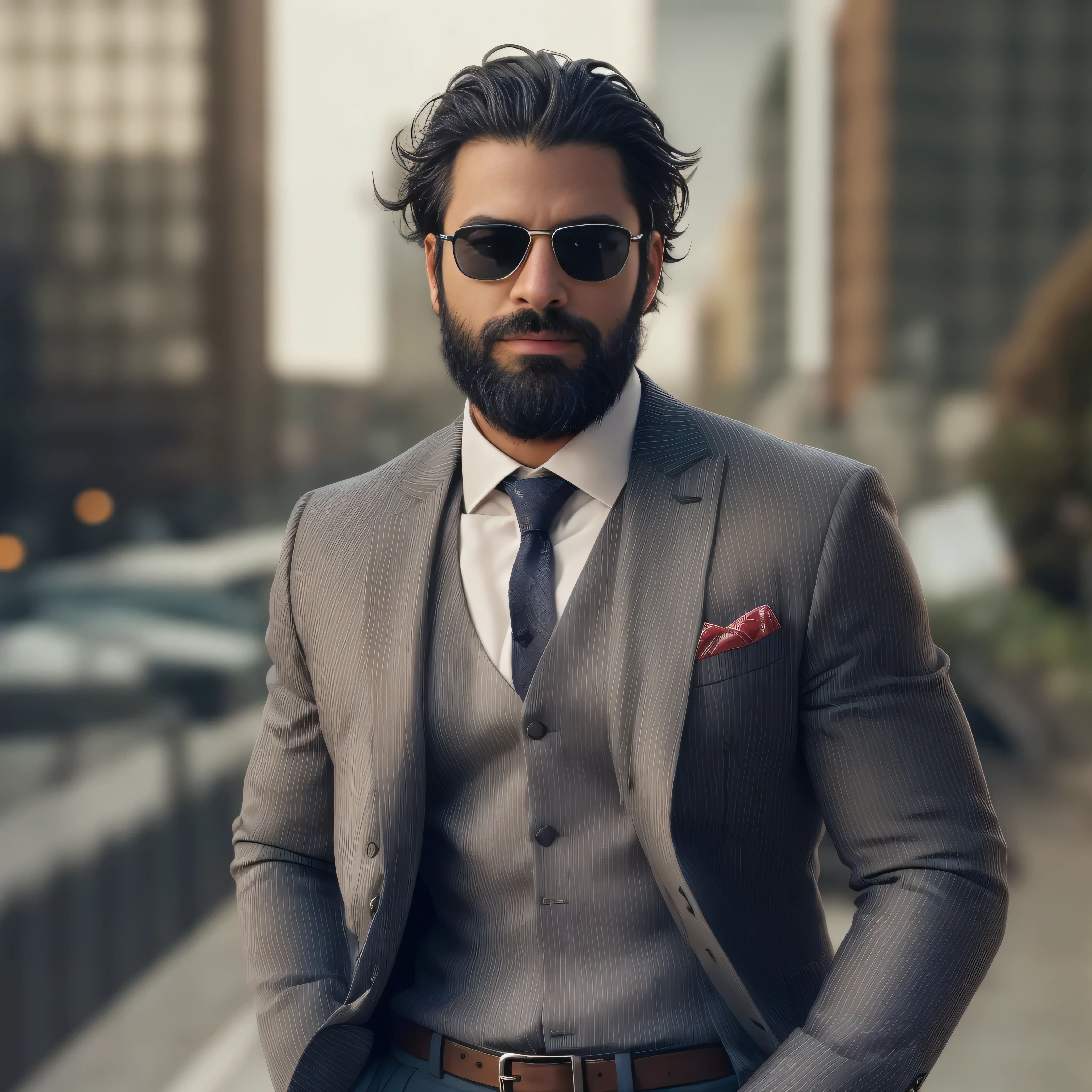 A 38-year-old man with light brown skin and a neatly trimmed beard. He is wearing dark, stylish sunglasses that enhance his sophisticated appearance. His outfit is exceptionally elegant, featuring a tailored dark navy blue blazer, a crisp white dress shirt with the top button undone, and a silk pocket square in a contrasting color tucked into the blazer's chest pocket. He exudes confidence and sophistication. The background is a blurred urban setting, hinting at a fashionable cityscape with modern architecture and soft lighting. The image captures a medium shot focusing on his upper body, highlighting his confident stance and the meticulous details of his attire.