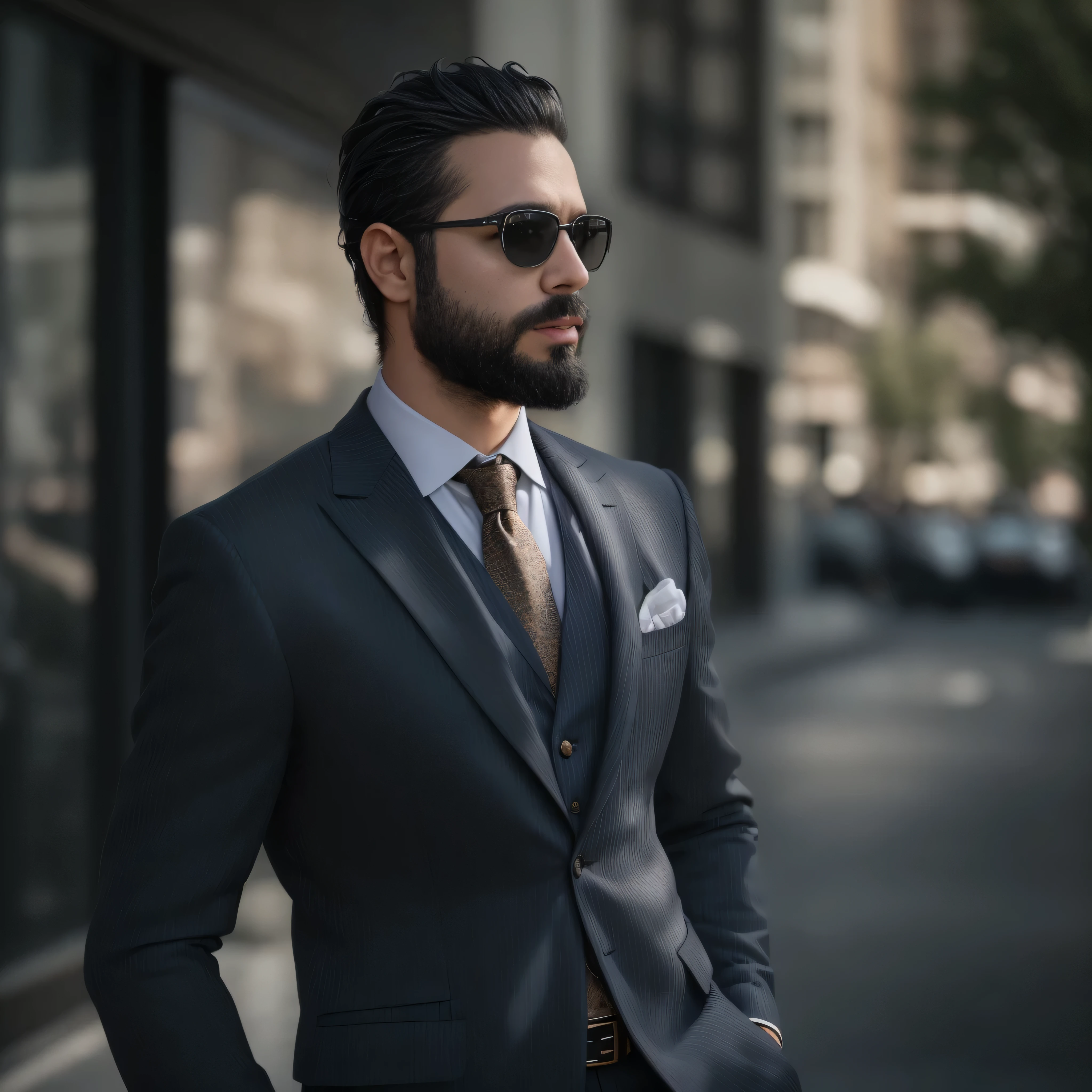 A 38-year-old man with light brown skin and a neatly trimmed beard. He is wearing dark, stylish sunglasses that enhance his sophisticated appearance. His outfit is exceptionally elegant, featuring a tailored dark navy blue blazer, a crisp white dress shirt with the top button undone, and a silk pocket square in a contrasting color tucked into the blazer's chest pocket. He exudes confidence and sophistication. The background is a blurred urban setting, hinting at a fashionable cityscape with modern architecture and soft lighting. The image captures a medium shot focusing on his upper body, highlighting his confident stance and the meticulous details of his attire.