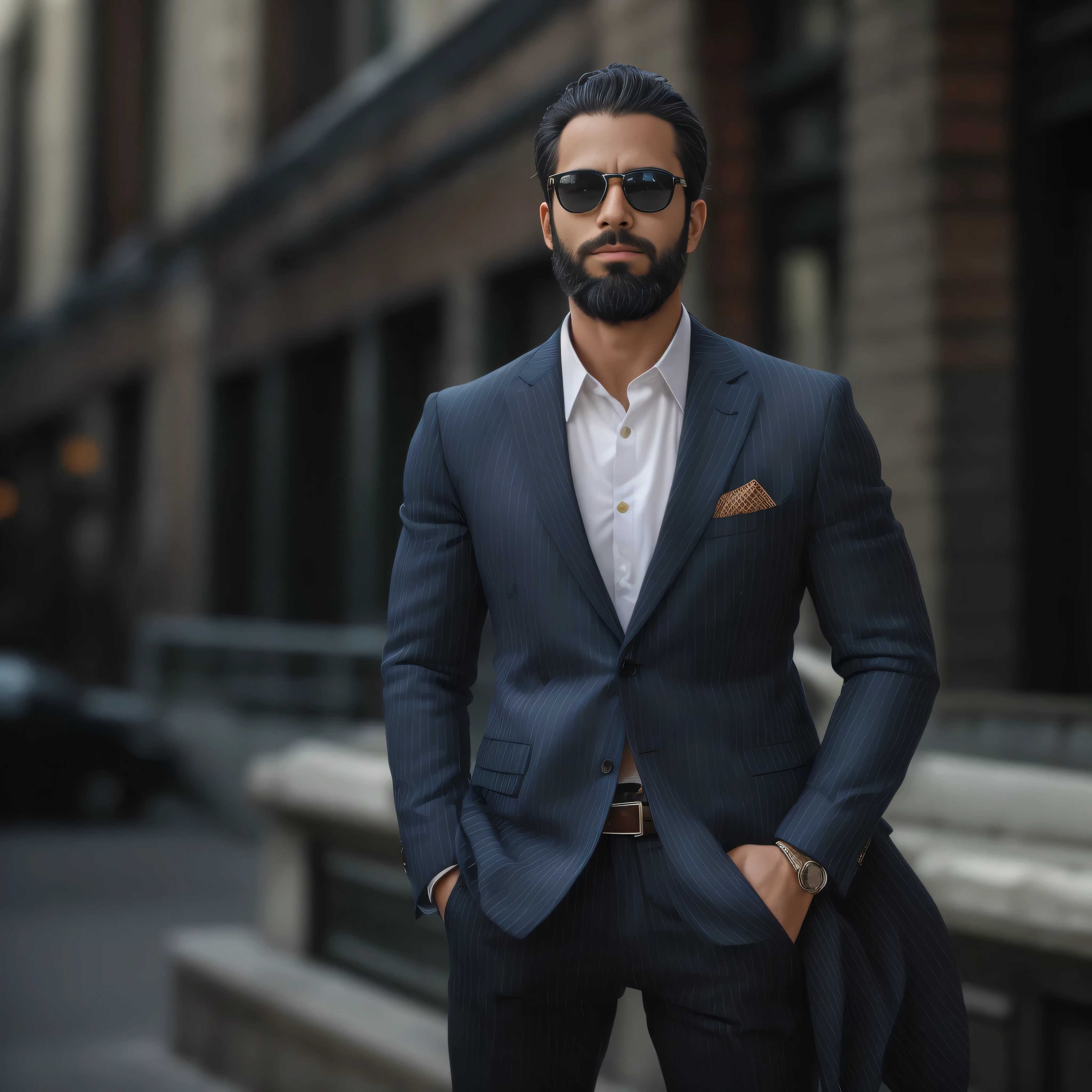 A 38-year-old man with light brown skin and a neatly trimmed beard. He is wearing dark, stylish sunglasses that enhance his sophisticated appearance. His outfit is exceptionally elegant, featuring a tailored dark navy blue blazer, a crisp white dress shirt with the top button undone, and a silk pocket square in a contrasting color tucked into the blazer's chest pocket. The man exudes confidence and sophistication. The background is a blurred urban setting, suggesting a fashionable cityscape with modern architecture and soft ambient lighting. The focus is on his upper body in a medium shot, capturing his confident stance, poised demeanor, and the meticulous details of his attire.