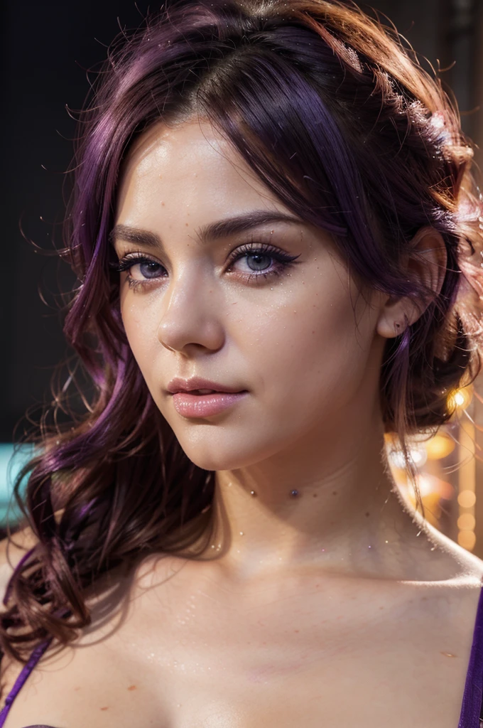 a girl with neon purple and orange curly fluorescent bright hair, beautiful detailed eyes, beautiful detailed lips, extremely detailed eyes and face, long eyelashes, (best quality,4k,8k,highres,masterpiece:1.2),ultra-detailed,(realistic,photorealistic,photo-realistic:1.37), neon colors, glowing, vibrant, anime style, magical girl, glowing skin, ethereal, dreamlike