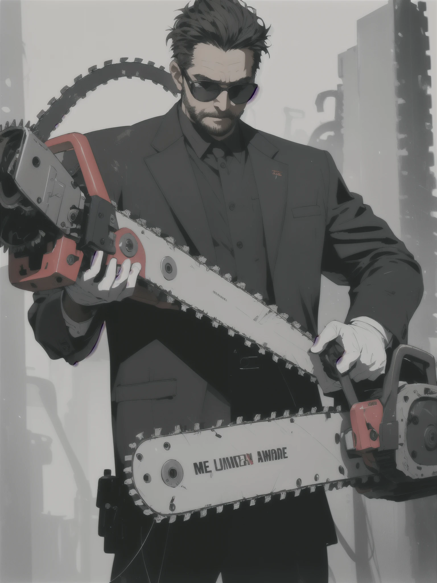 absurdres, highres, ultra detailed, (one middle aged handsome man:1.3),solo,
(elderly gentleman:0.8),
Suited gentleman, night,white gloves,sunglasses,
looking at viewer,cowboy shot,
BREAK
(holding huge mechanical chainsaw:1.3),