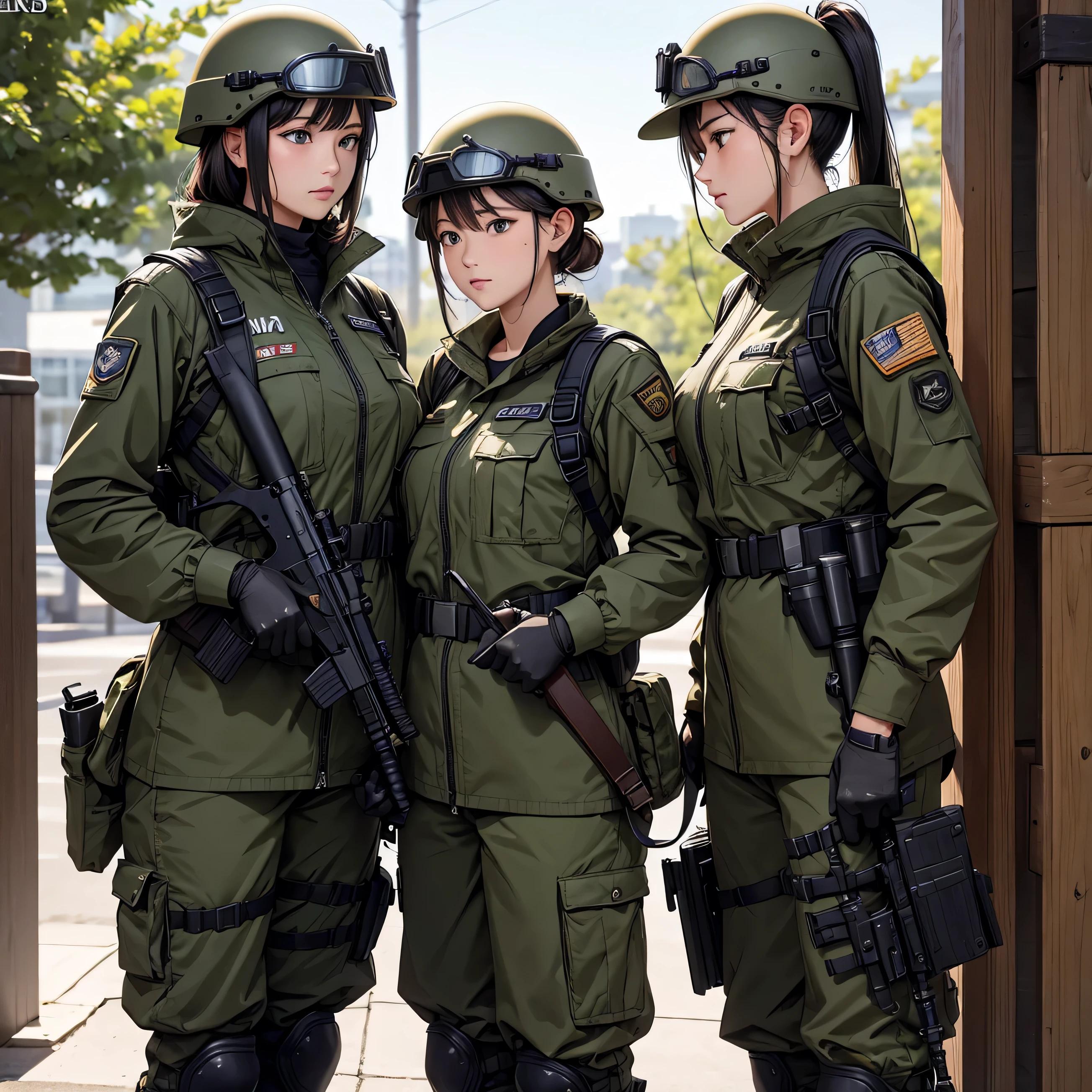Three female soldiers in helmets of special forces,Dark green M51 military uniform、Military Pants、Magazine Pouch、Tactical harness、Military rifle in hand,Elbow pads,Knee pads,side by side,See the thighs,Military base gate,Write details、masterpiece、best quality、Highly detailed CG、8K picture quality、theater lighting、lens flare