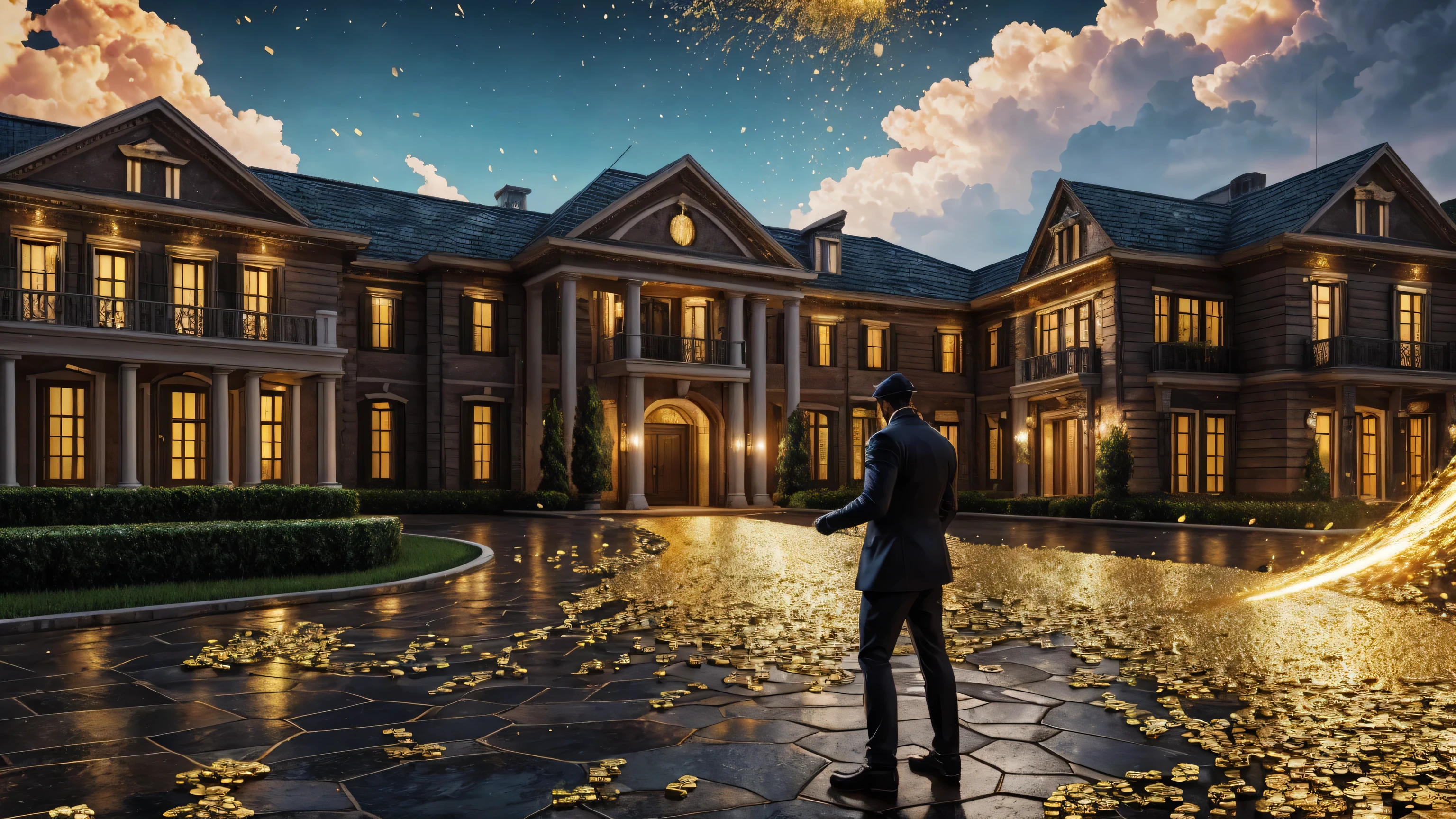 a man in front of a mansion full of gold coins falling from the sky, ultra detailed image, realism, 8k, hyper detailed skin, intense and vivid colors.
