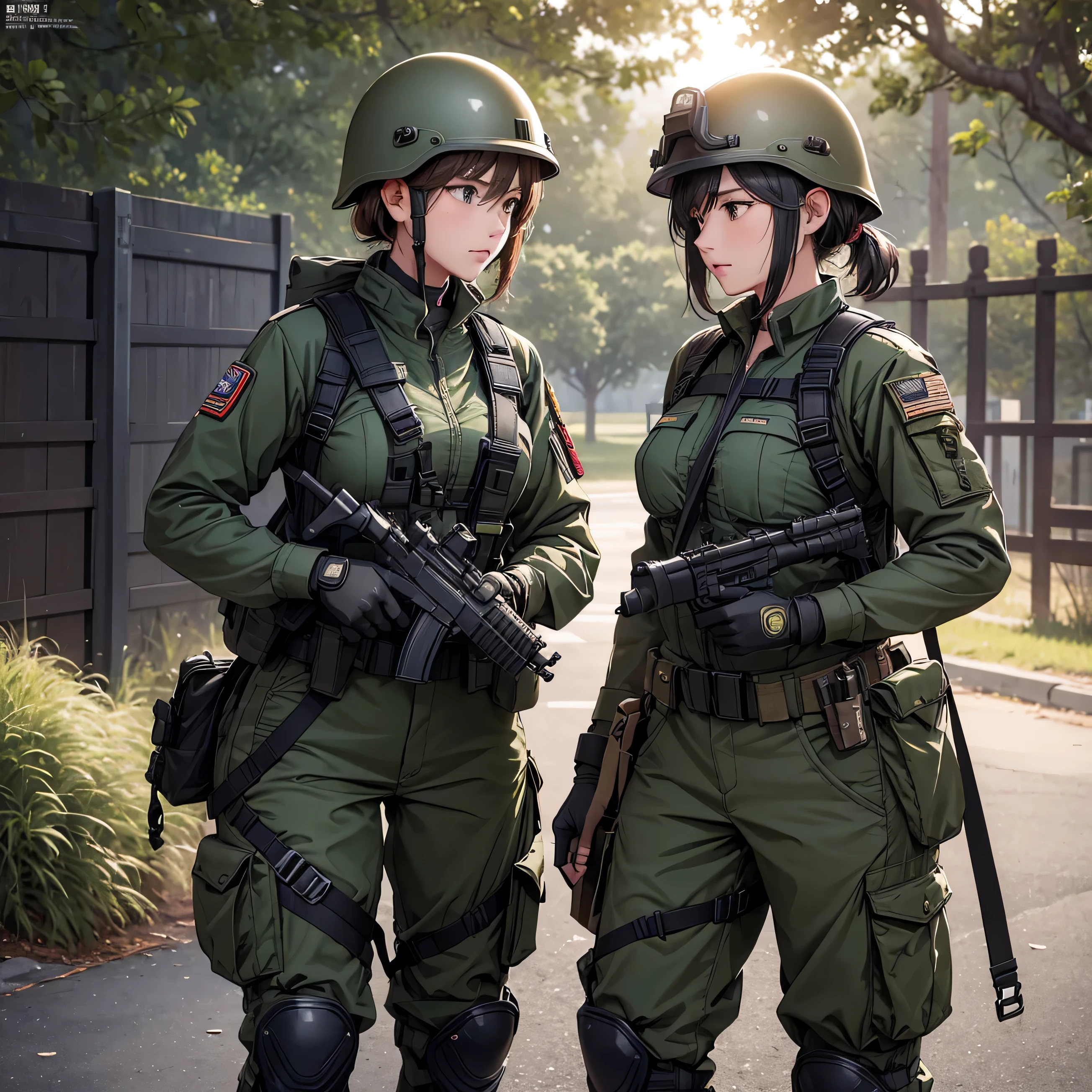 Three female soldiers in helmets of special forces,Dark green M51 military uniform、Military Pants、Magazine Pouch、Tactical harness、Military rifle in hand,Elbow pads,Knee pads,side by side,See the thighs,front Photo,Military base gate,Write details、masterpiece、best quality、Highly detailed CG、8K picture quality、theater lighting、lens flare