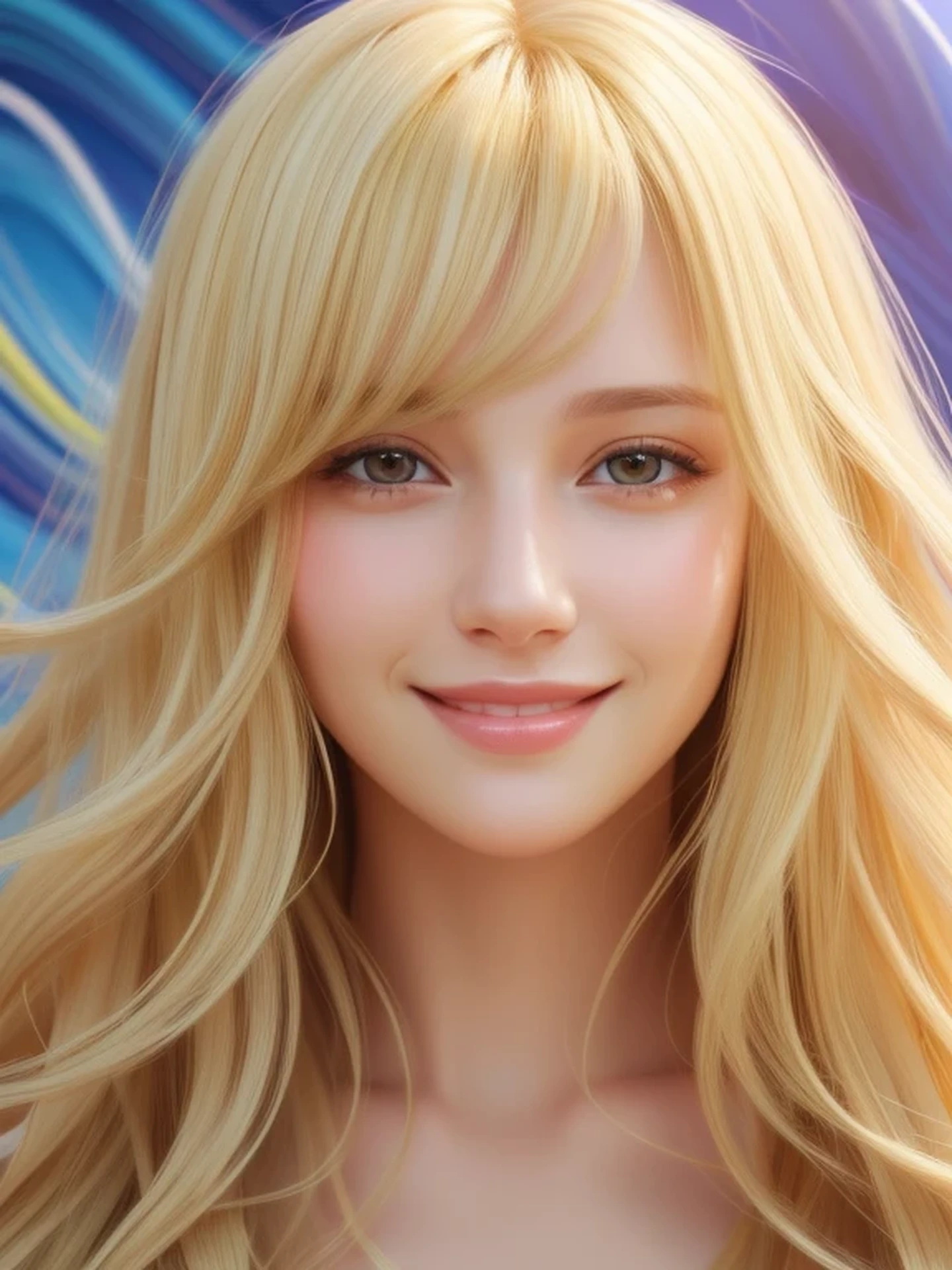Close-up head, To the camera, Realistic digital painting of a woman portrait, Cute Smile, (Wavy Hair:1.1), (Blonde Hair:1.3), bangs, (Abstract, background:1.2), (Highly detailed skin:1.2), Mystical style, Global Illumination,