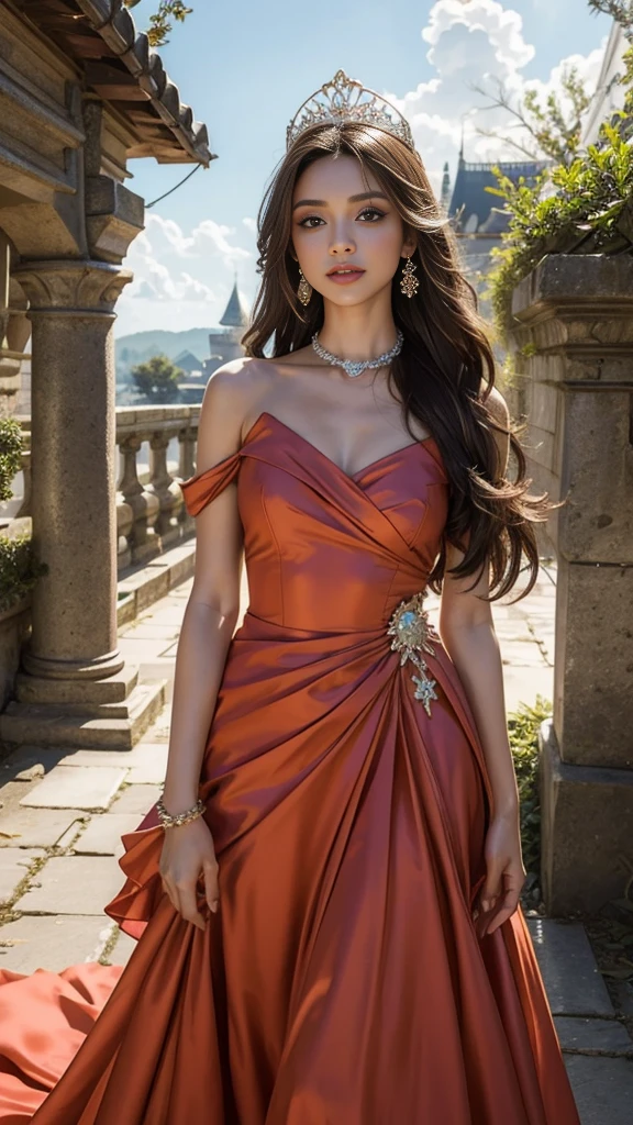 model session, (1 chica), pelo largo, cabello anaranjado, vestido majestuoso, traje color coral con detalles, brillante: 1.5, hiper realista, Super detailed,  Sharp focus, perfect symmetrical and bright eyes, labios regordetes perfectos, piel perfecta y inocente, fantasy beauty traits, jewelry 1.5, tiara delicada, background the entrance to a gloomy castle 