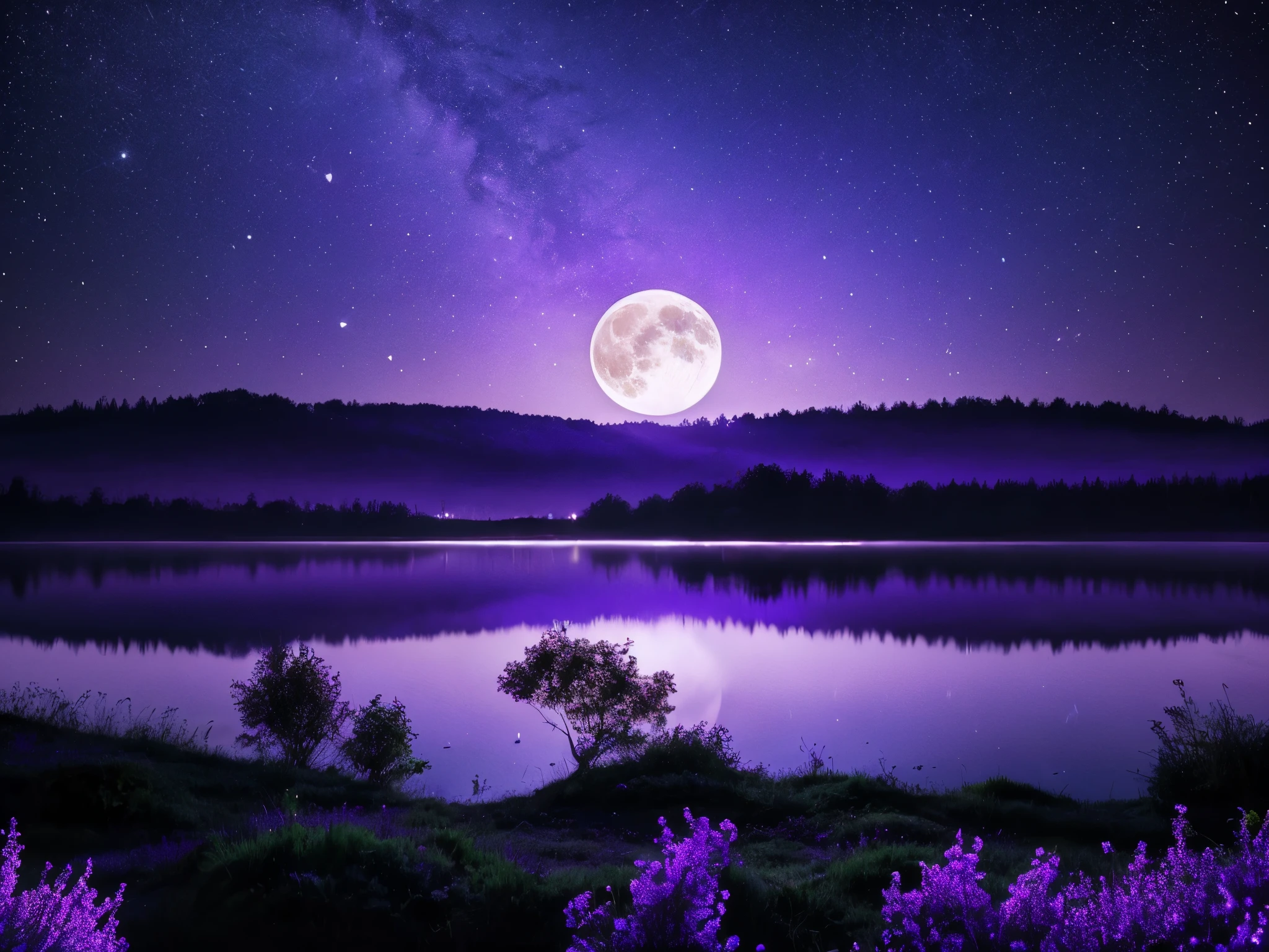 purple full moon over a lake with trees and a mountain in the background, ciel violet au clair de lune, Illustration de fond, Beau clair de lune night, Beau clair de lune, fond au clair de lune, traçage de rayons de lune bleue, atmosphère de rêve au clair de lune, lueur violette, Beautiful moonlight, grande lune rougeoyante, Violet brillant, Lune rose, magnifique fond, grande lune au dessus de l'eau, ✨🕌🌙